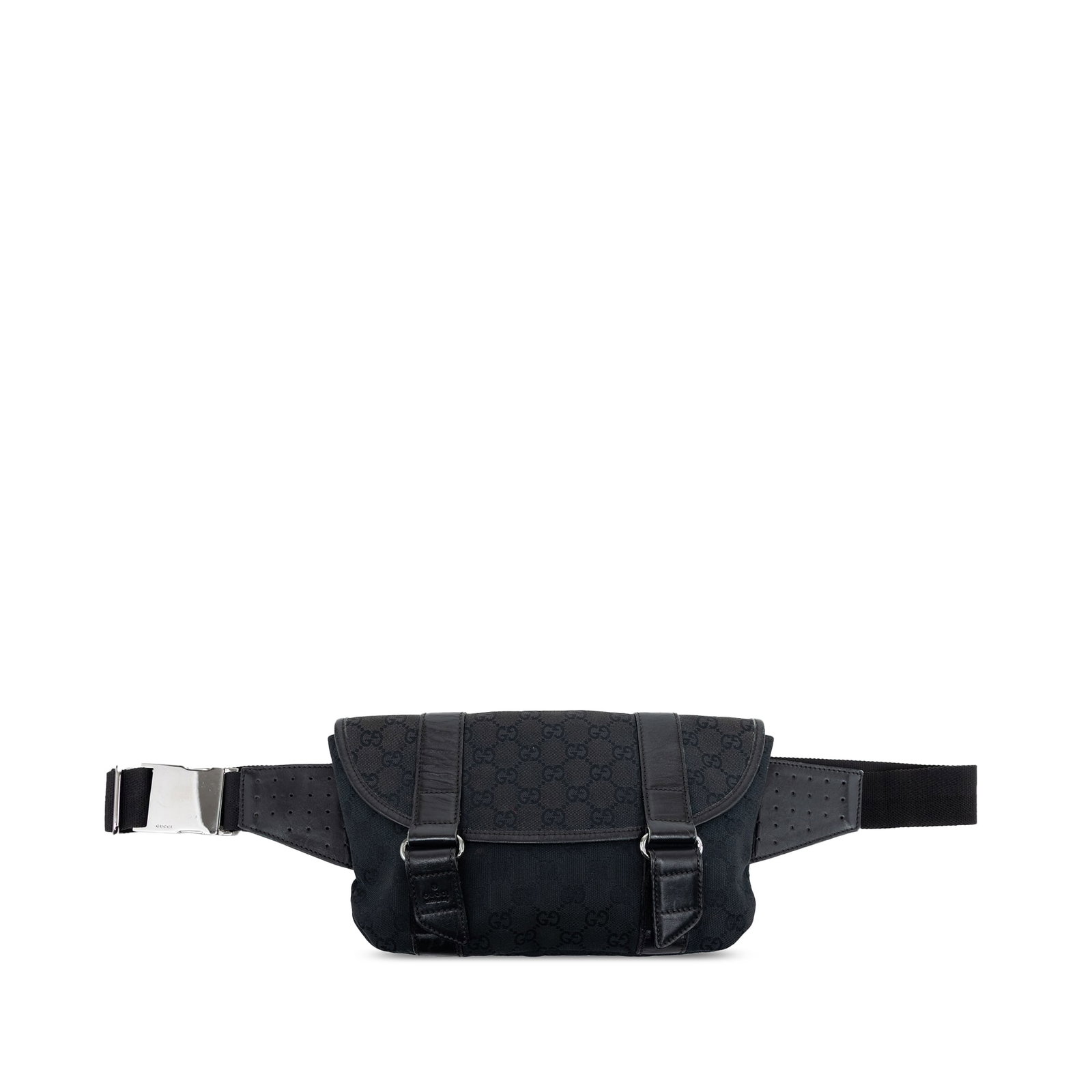 Gucci GG Canvas waist bag in black fabric and leather: Gucci GG Canvas waist bag in black fabric and leather Gucci GG Canvas Belt Bag crafted with a canvas body and leather trim. The design includes a flat waist strap with buckle closure, a top flap with 