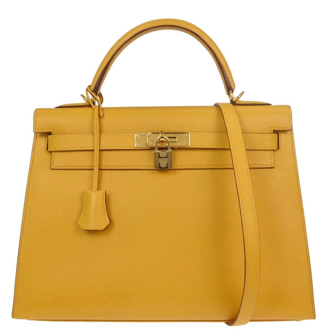 Hermes Kelly 32 Sellier Courchevel Leather Yellow Top Handle Bag: Hermes Kelly 32 Sellier Courchevel Leather Yellow Top Handle Bag Hermes Kelly 32 Sellier 2way handbag in Jaune Courchevel leather with a structured top handle design and turn-lock closure. Made in Fra