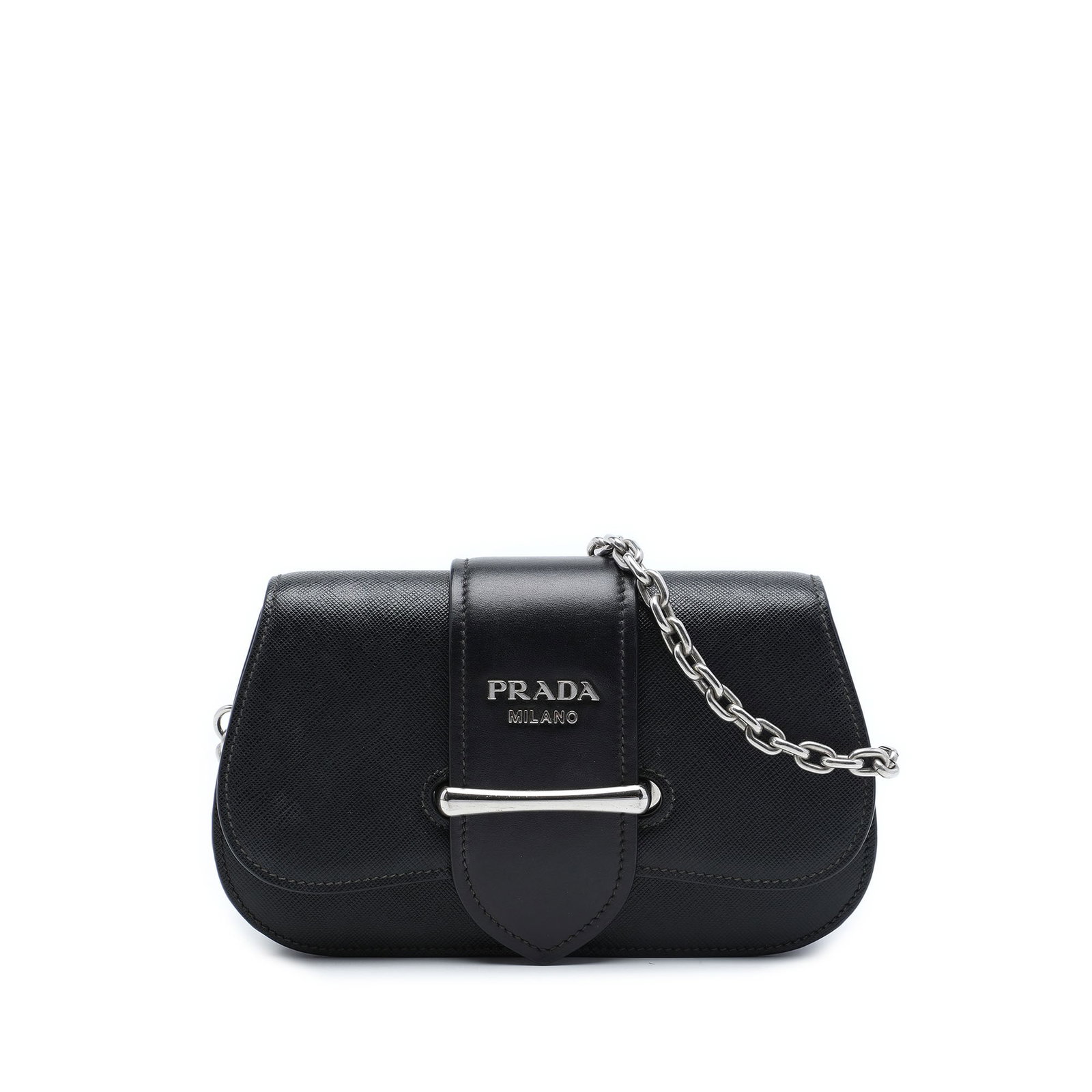 Prada Sidonie Crossbody Bag in Black Saffiano Calf Leather: Prada Sidonie Crossbody Bag in Black Saffiano Calf Leather This Prada Sidonie crossbody bag is crafted in black saffiano and calf leather with a structured silhouette. It features a chain link strap w
