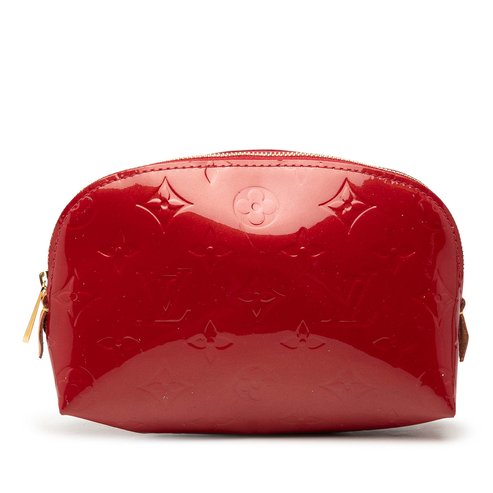 Louis Vuitton Monogram Vernis Leather Cosmetic Pouch Red: Louis Vuitton Monogram Vernis Leather Cosmetic Pouch Red A Louis Vuitton Monogram Vernis cosmetic pouch in red leather with a top zip closure and an interior slip pocket. Made in Spain, this compact p