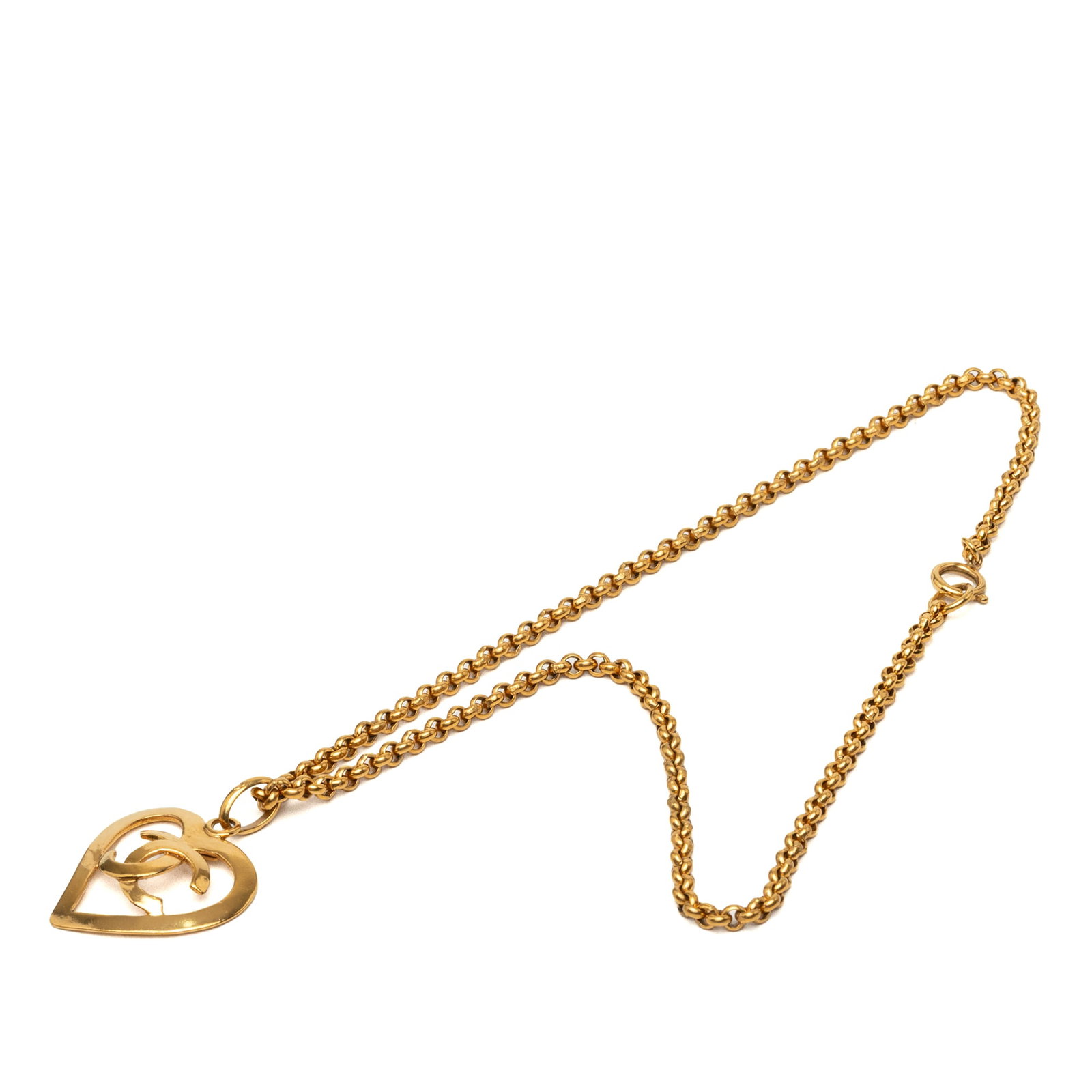 Chanel CC Heart Pendant Gold Plated Necklace: Chanel CC Heart Pendant Gold Plated Necklace Chanel CC heart pendant necklace with a gold plated body and spring ring closure. Made in France, this costume jewelry piece is finished in gold tone and s