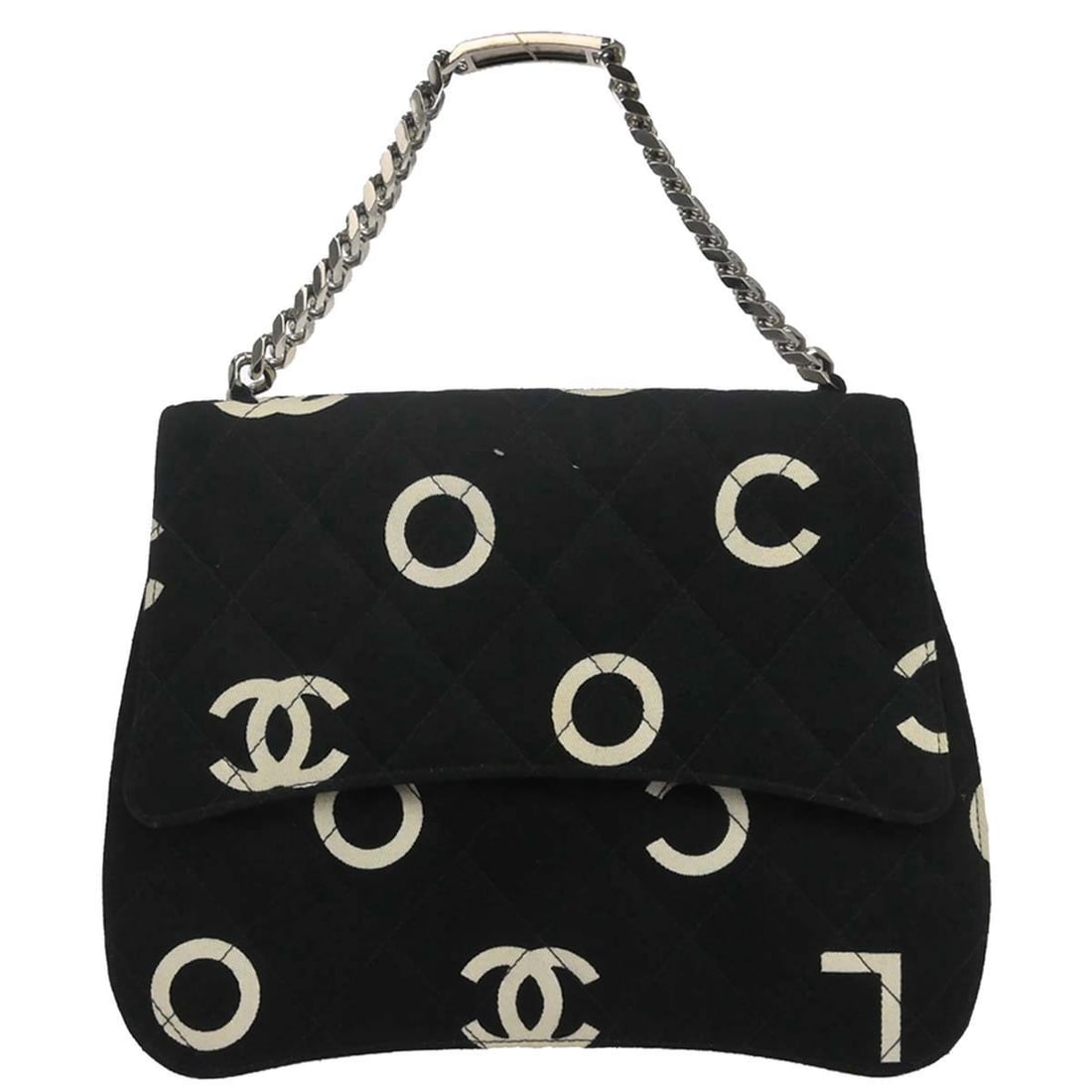 CHANEL Medium Black Canvas Tote Handbag with Silver Chain: CHANEL Medium Black Canvas Tote Handbag with Silver Chain Medium Chanel tote handbag in black canvas with a top handle and silver-tone chain detail. The bag is made in France and features a leather li