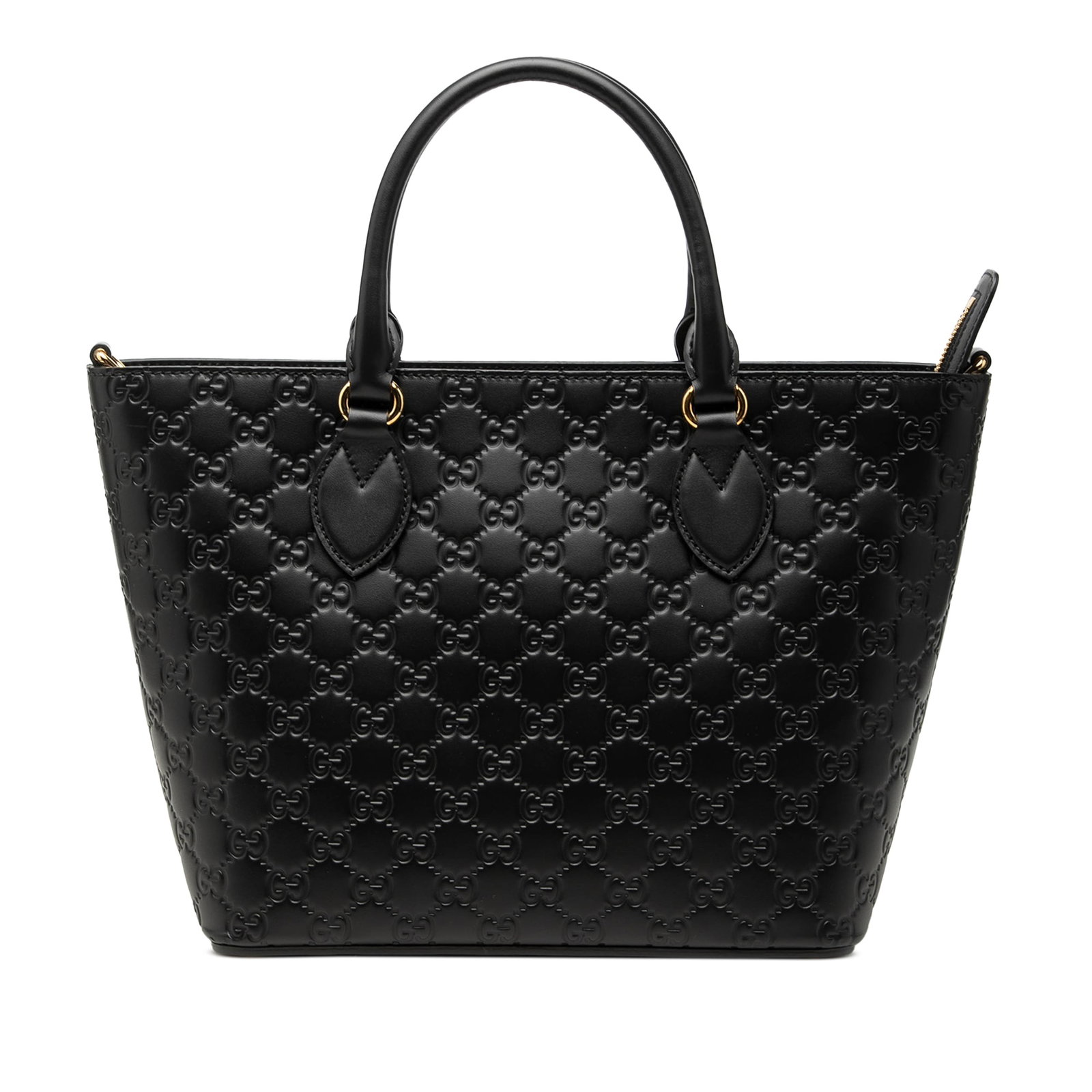 Gucci Small Guccissima Leather Satchel Tote Black: Gucci Small Guccissima Leather Satchel Tote Black A Gucci Small Guccissima Convertible Tote in black embossed leather with rolled leather handles, a top zip closure, and an interior with zip and slip 