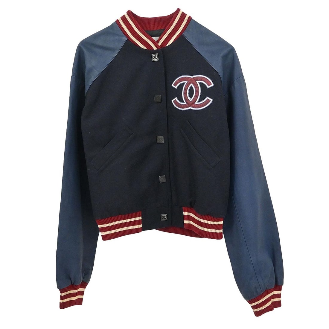 CHANEL Sport Line Wool Lambskin Jacket Navy Size 36 04P: CHANEL Sport Line Wool Lambskin Jacket Navy Size 36 04P Vintage Chanel Sport Line letterman-style bomber jacket in navy with logo accents and a button-front closure. Made in France, this women's mid-l
