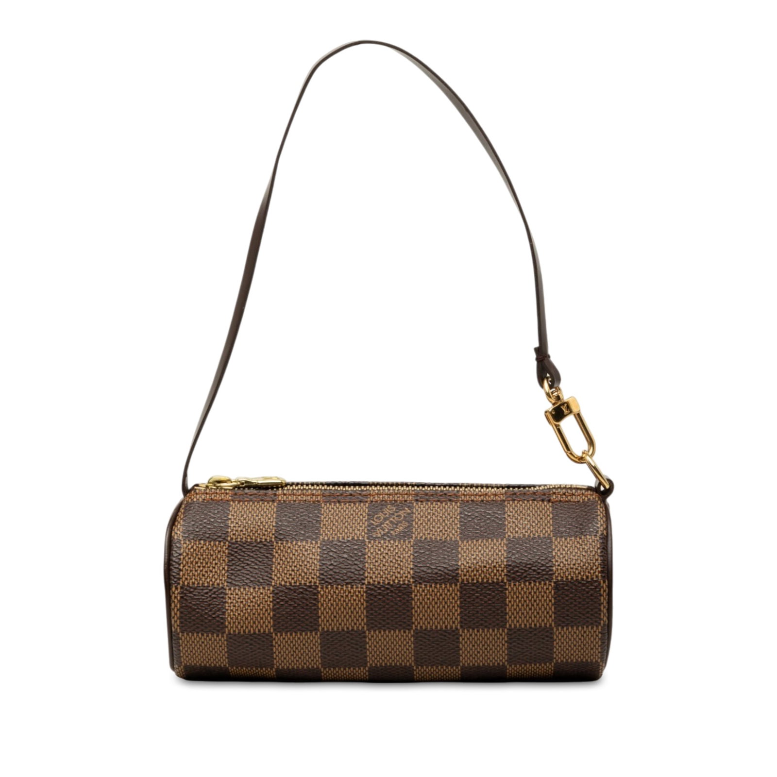 Louis Vuitton Papillon Pochette in Damier Ebene Canvas: Louis Vuitton Papillon Pochette in Damier Ebene Canvas A compact Louis Vuitton Papillon Pochette in Damier Ebene canvas with leather trim and a flat leather strap. The pouch has a top zip closure and 