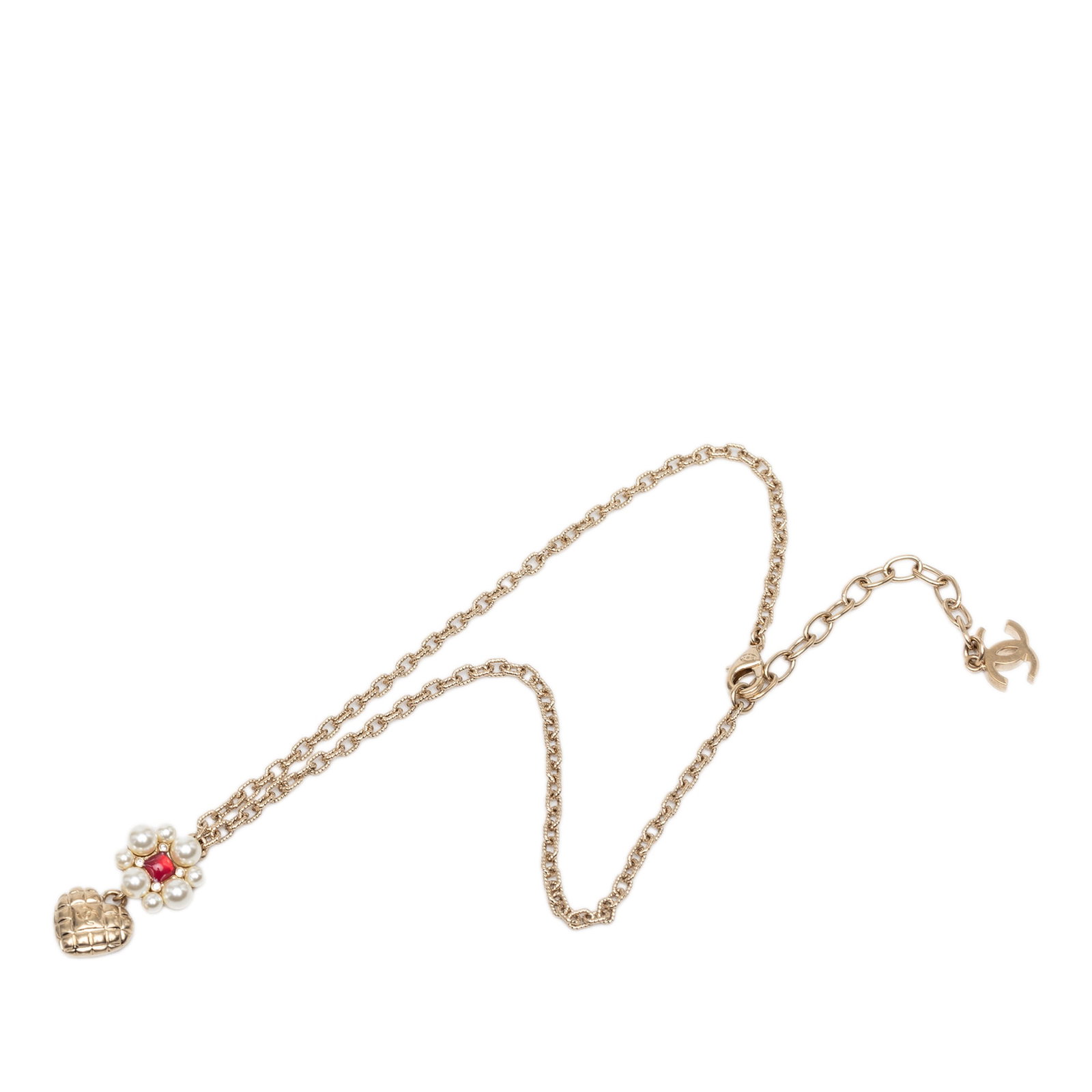 Chanel CC heart pendant necklace with faux pearl flower and strass: Chanel CC heart pendant necklace with faux pearl flower and strass Chanel pendant necklace featuring a gold-tone chain with faux pearl and crystal details, accented by a flower motif, CC detail, and h