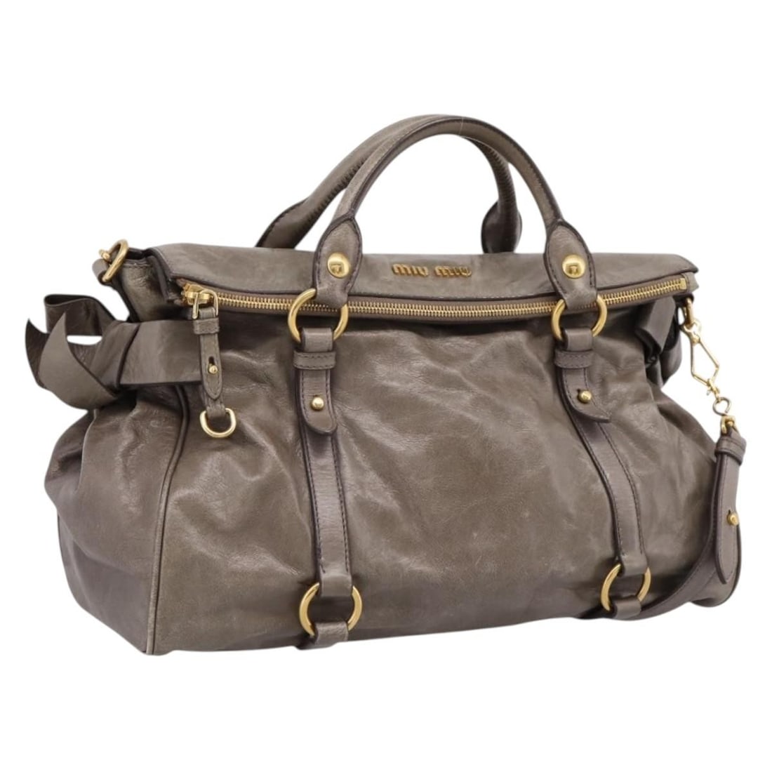 Miu Miu Gray Leather 2way Handbag with Shoulder Strap: Miu Miu Gray Leather 2way Handbag with Shoulder Strap Miu Miu women's 2-way handbag in gray leather with gold-tone accents. Made in Turkey, this bag includes a shoulder strap and can be carried by the