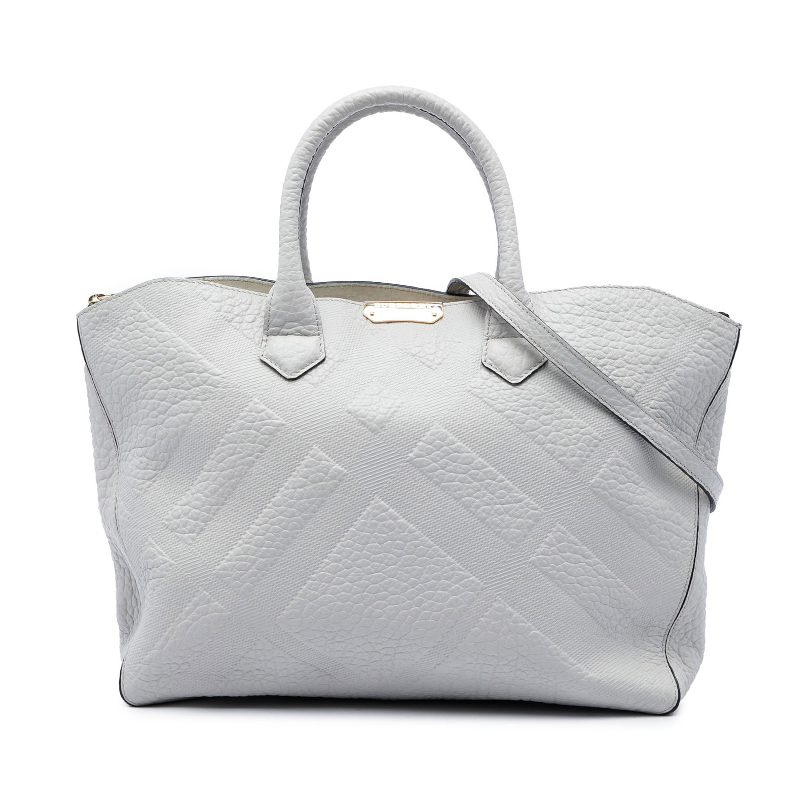 Burberry Dewsbury Satchel Gray Elephant Embossed Calfskin Check: Burberry Dewsbury Satchel Gray Elephant Embossed Calfskin Check Burberry Dewsbury satchel in gray elephant embossed calfskin with Burberry check detailing. This satchel features rolled leather handles