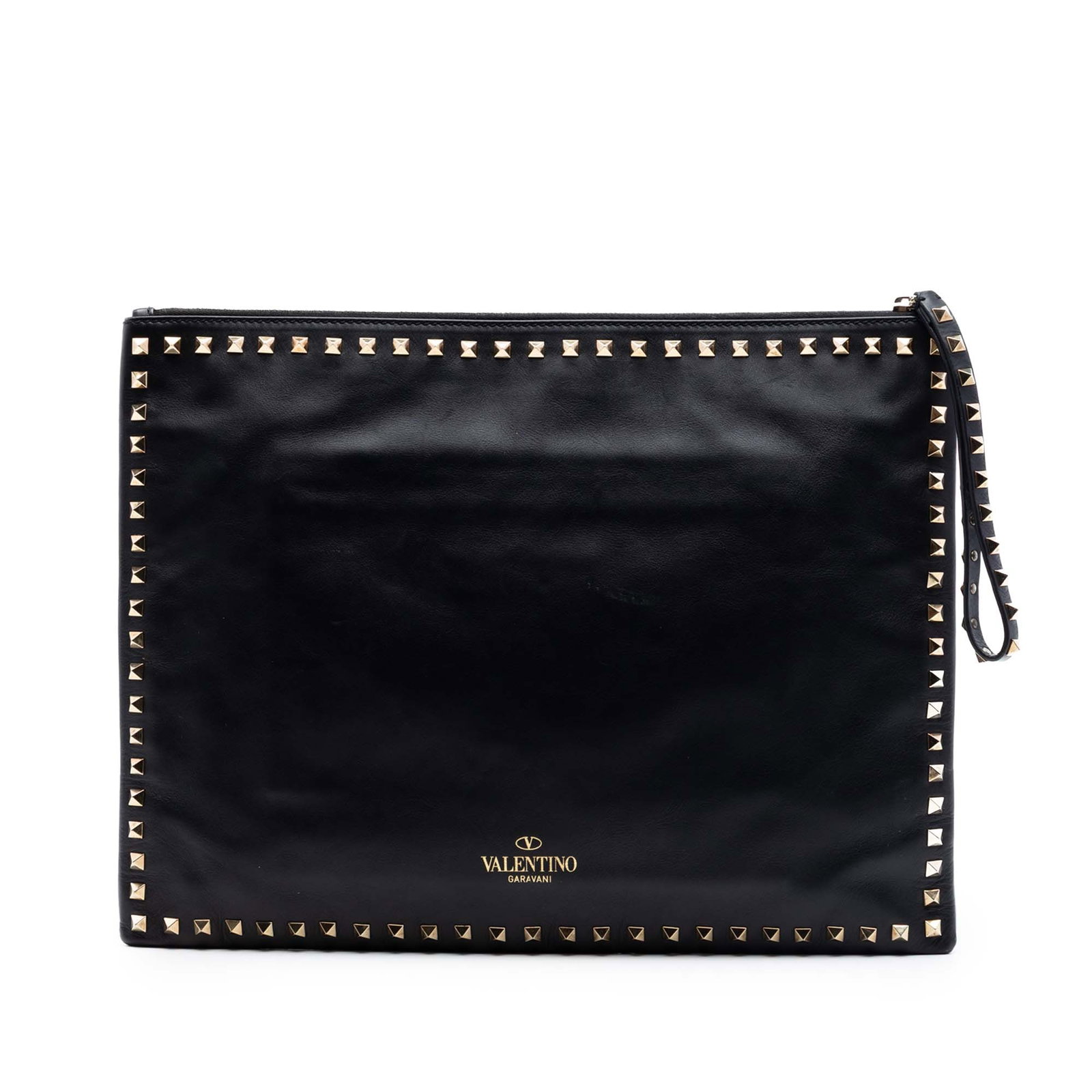 Valentino Rockstud Large Leather Zip Clutch Bag Black: Valentino Rockstud Large Leather Zip Clutch Bag Black Valentino large Rockstud clutch crafted in black leather with a studded exterior. This zip-top clutch includes interior zip pockets and is made in