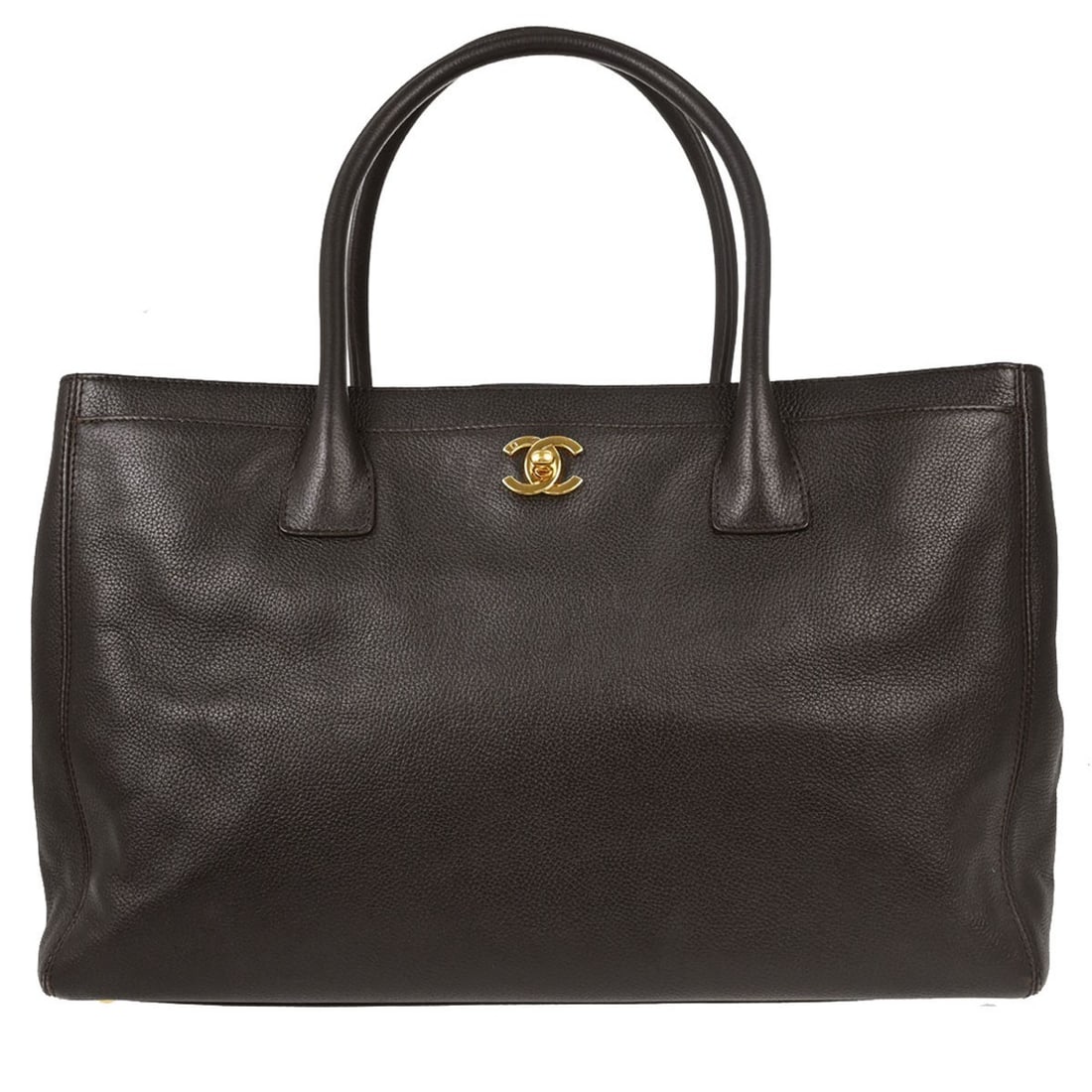 CHANEL Executive Cerf Tote in Dark Brown Calfskin: CHANEL Executive Cerf Tote in Dark Brown Calfskin Chanel Executive Cerf tote bag in dark brown calfskin with double handles, turn-lock closure, canvas lining, logo accents, and multiple pockets. Made 