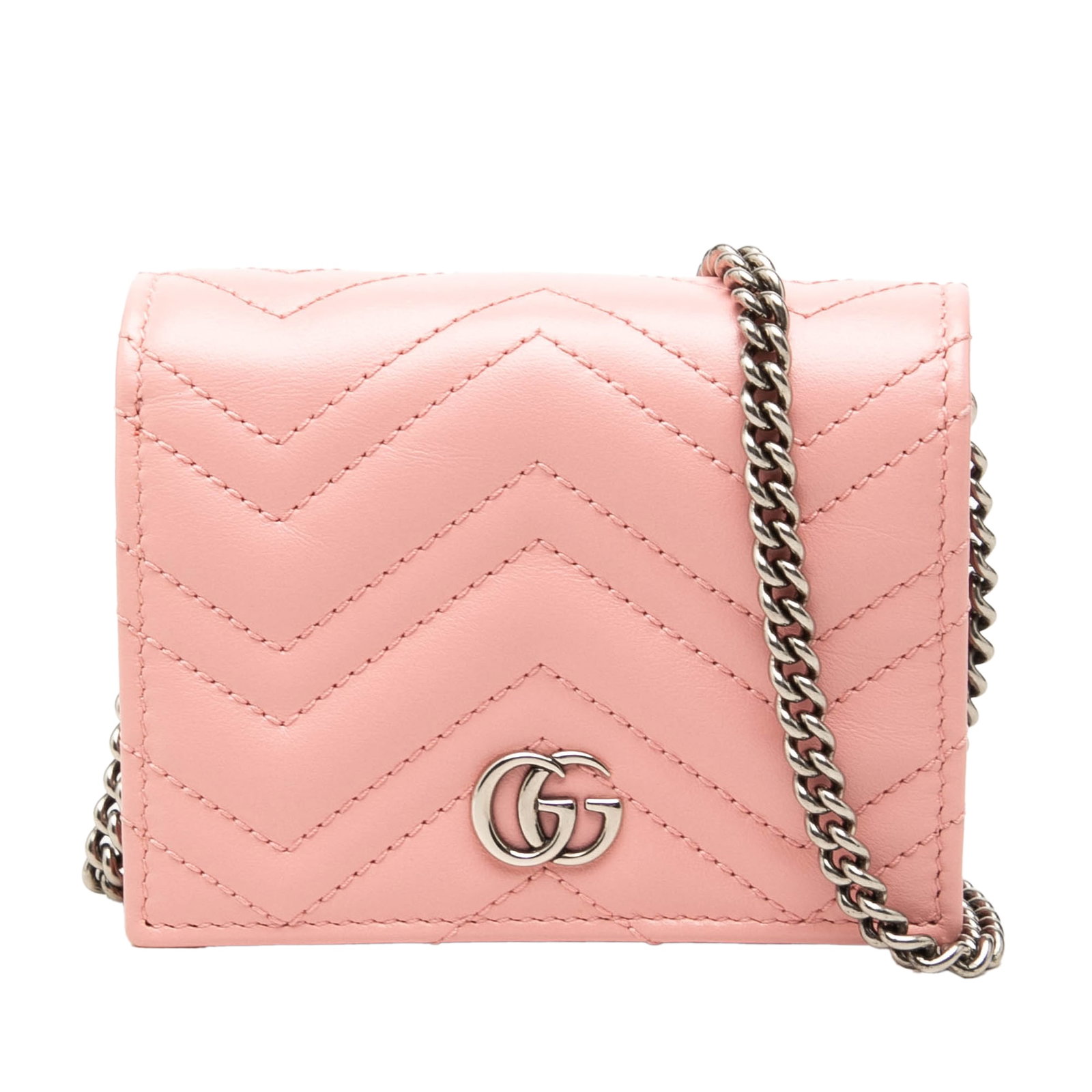 Gucci GG Marmont Mini Wallet on Chain Pink Leather: Gucci GG Marmont Mini Wallet on Chain Pink Leather Gucci Mini GG Marmont Matelasse Calfskin Wallet On Chain in pink quilted leather. This compact bag features a detachable chain-link shoulder strap, a
