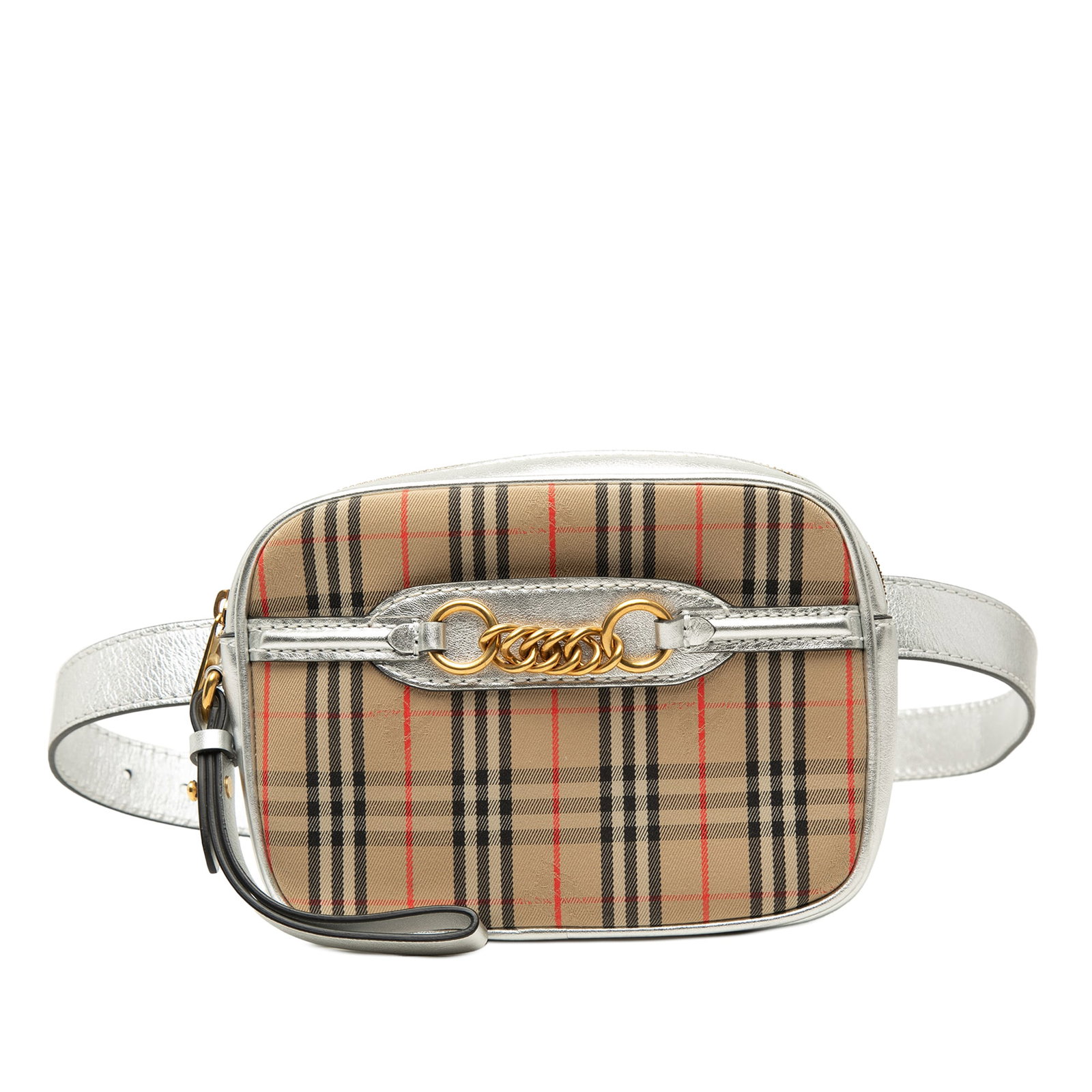 Burberry 1983 Link belt bag in Haymarket check canvas: Burberry 1983 Link belt bag in Haymarket check canvas Burberry Haymarket Check Canvas 1983 Link Belt Bag with leather trim and a structured, compact design. It features a flat leather wrist handle, a 