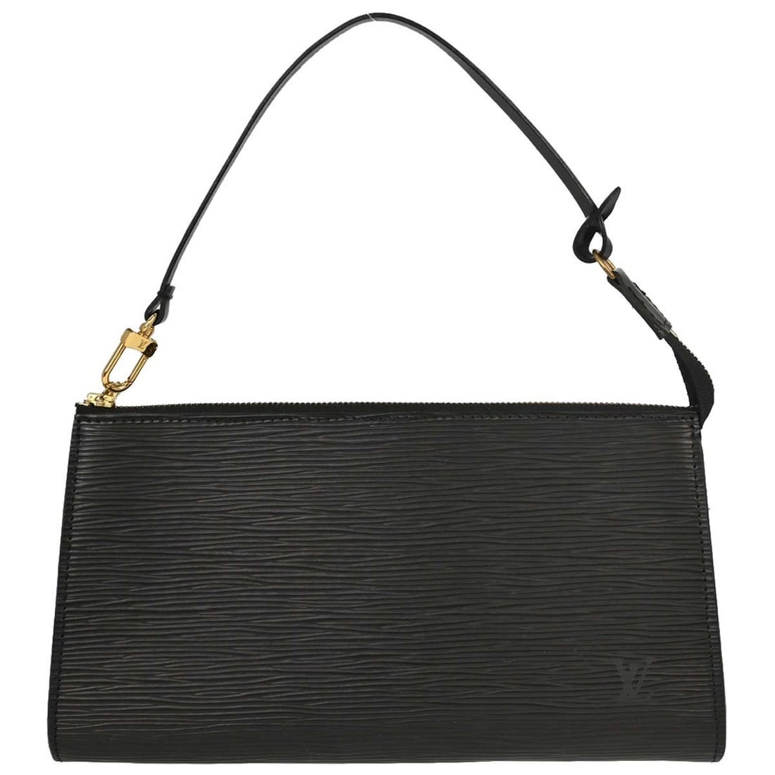 Louis Vuitton Pochette Accessoires 24 Black Epi Leather Top Handle Bag: Louis Vuitton Pochette Accessoires 24 Black Epi Leather Top Handle Bag Louis Vuitton Pochette Accessoires 24 pouch handbag in black Epi leather with a zip closure, top handle, and detachable strap. Th