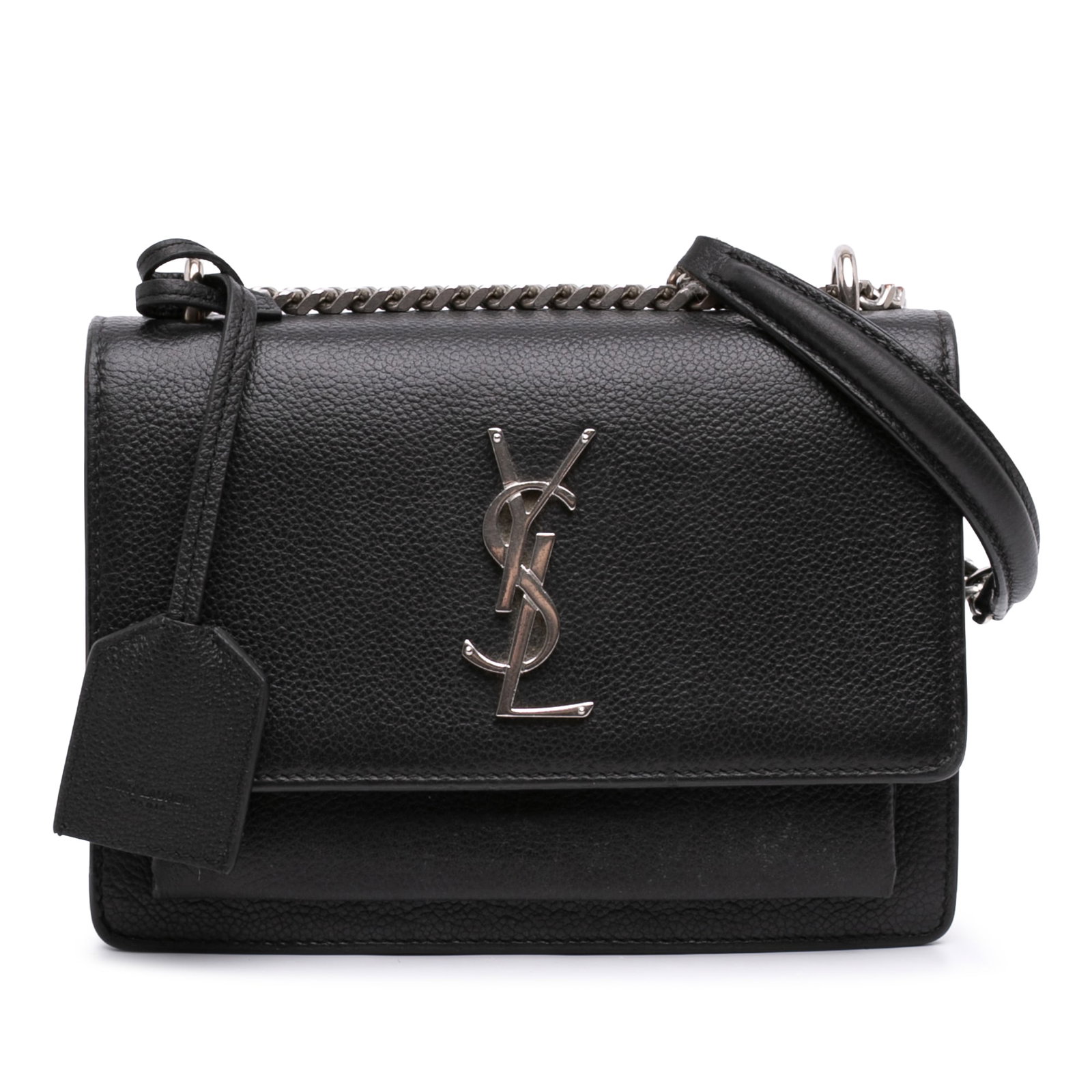 Saint Laurent Sunset Small Monogram Grained Calfskin Crossbody Bag: Saint Laurent Sunset Small Monogram Grained Calfskin Crossbody Bag A Saint Laurent Small Grained Calfskin Monogram Sunset Crossbody in black leather, made in Italy. This crossbody bag features a chain