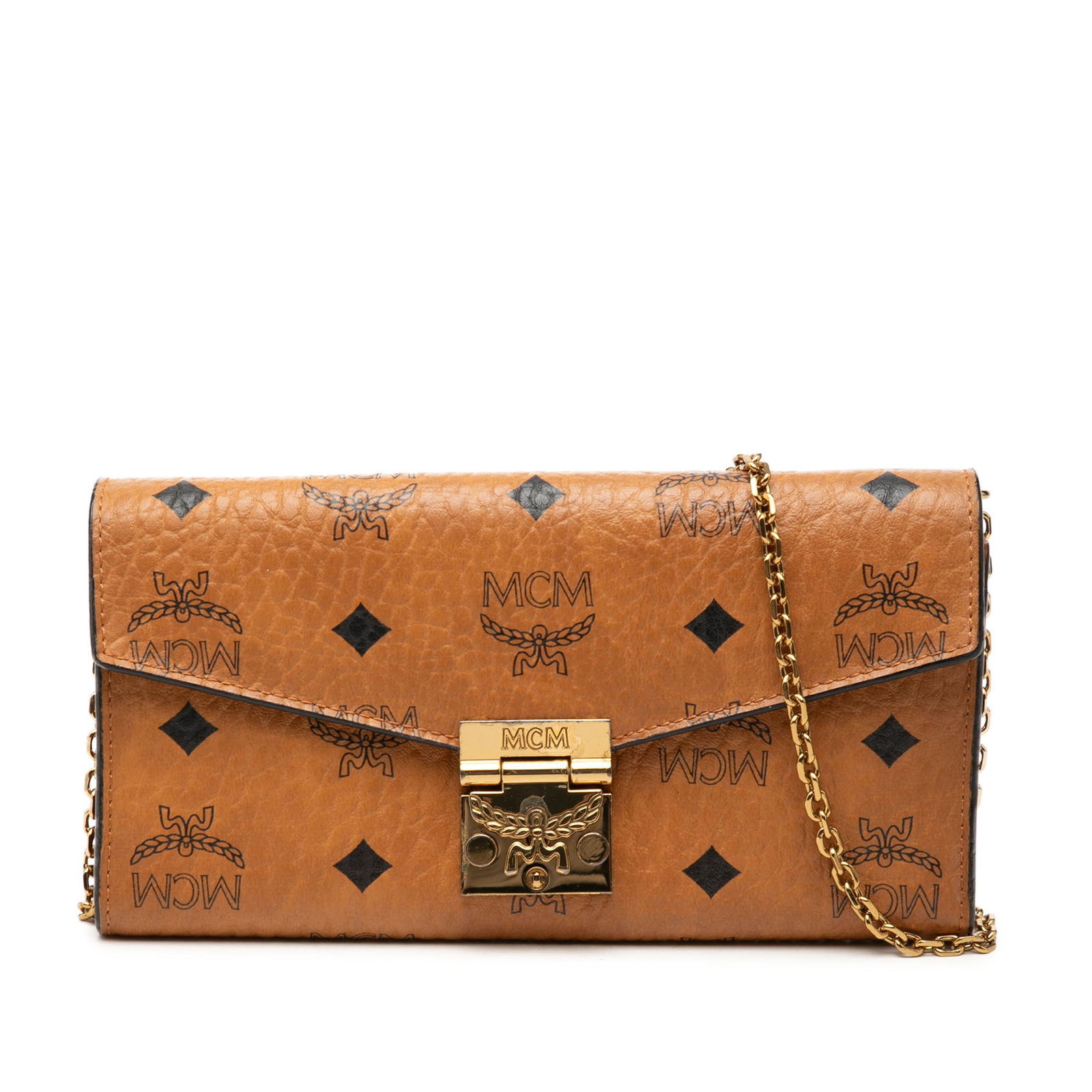 MCM Patricia Wallet on Chain in Visetos Coated Canvas: MCM Patricia Wallet on Chain in Visetos Coated Canvas MCM Patricia wallet on chain in Visetos coated canvas with a detachable chain link shoulder strap and front flap push-lock closure. The interior i
