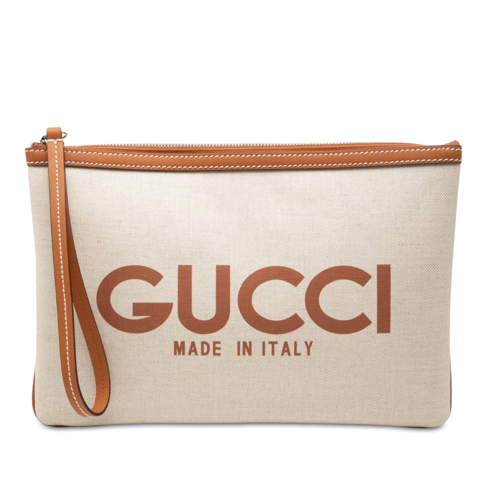 Gucci Canvas Logo Wristlet Clutch Bag Beige Fabric: Gucci Canvas Logo Wristlet Clutch Bag Beige Fabric Gucci Canvas Logo Clutch in beige with a canvas body, leather trim, a flat leather wrist strap, and a top zip closure. Includes a dust bag. Condition