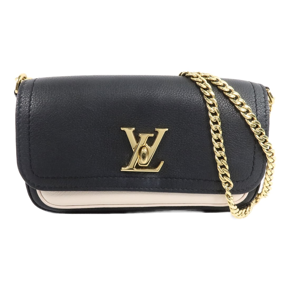 Louis Vuitton Lockme Tender Pochette M81560 Black Cream Calfskin: Louis Vuitton Lockme Tender Pochette M81560 Black Cream Calfskin A Louis Vuitton Lockme Tender Pochette in black and cream, crafted from grained calf and calfskin (cowhide). This pochette features a t