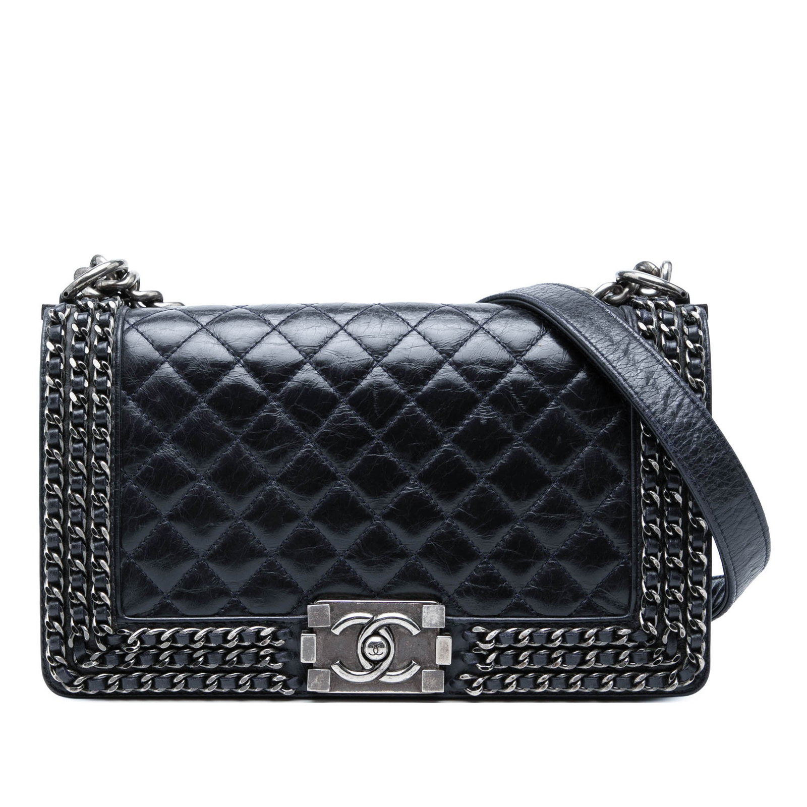 Chanel Boy Flap Old Medium blue glazed calfskin shoulder bag: Chanel Boy Flap Old Medium blue glazed calfskin shoulder bag Chanel Old Medium Boy Flap bag in blue glazed calfskin with quilted detailing and chain-around embellishments. This shoulder bag features a