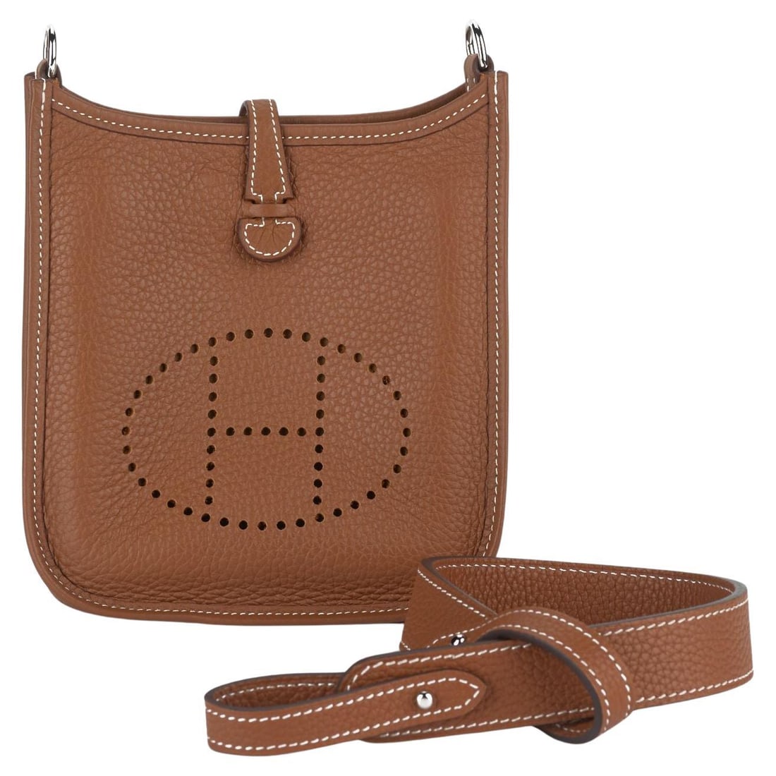 Hermes Mini Evelyne Clemence Leather Bag with Palladium Hardware: Hermes Mini Evelyne Clemence Leather Bag with Palladium Hardware Hermes Mini Evelyne bag crafted in Clemence leather with contrast stitching and palladium hardware. This special edition design feature
