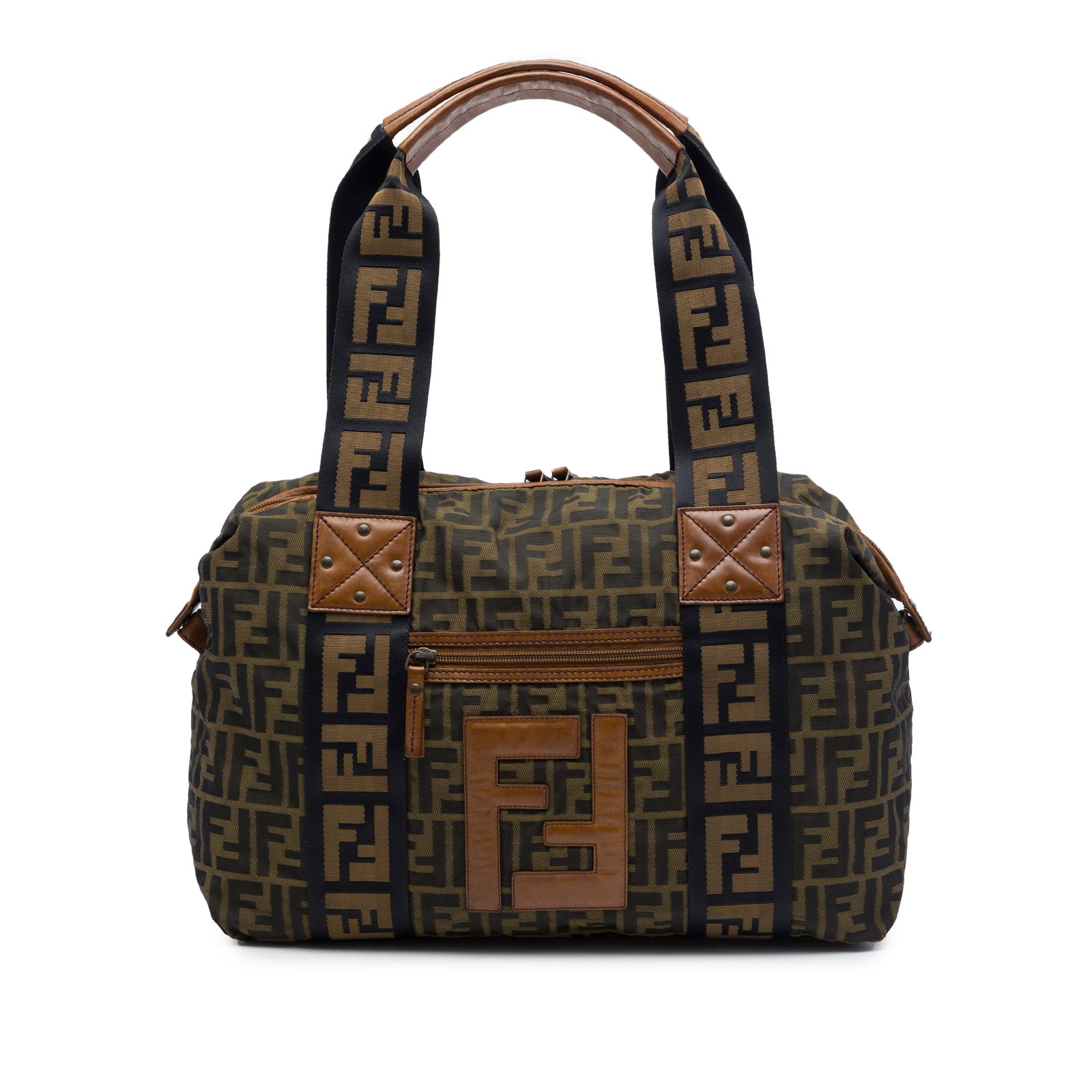 Fendi Zucca Fabric Tote Bag with Zip Pocket and Pouch: Fendi Zucca Fabric Tote Bag with Zip Pocket and Pouch Fendi Zucca canvas tote with a zip-top design, flat straps, an exterior front zip pocket, and an included pouch. The bag shows visible wear consis