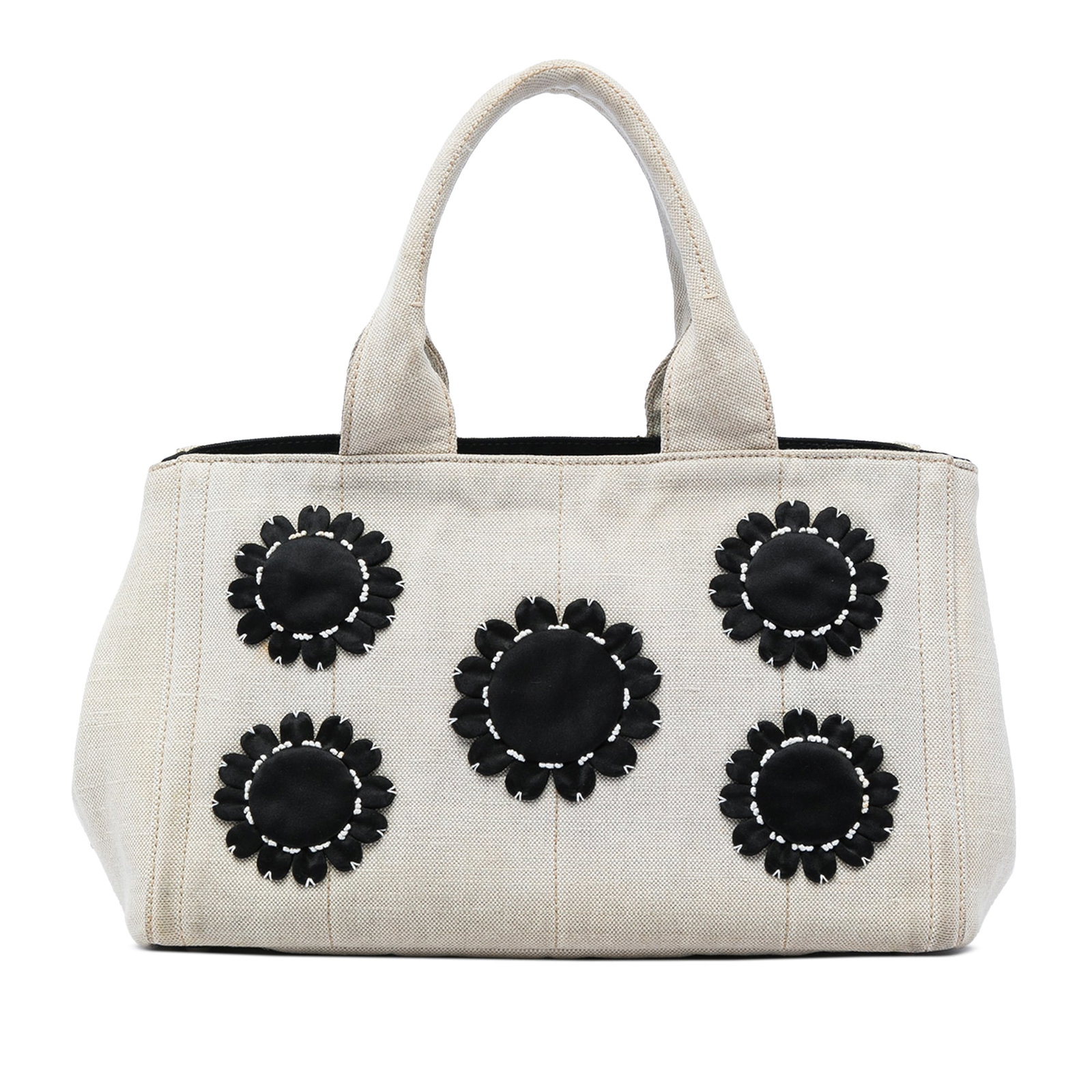 Prada Canapa Mistolino Canvas Tote Bag Brown Floral Satin: Prada Canapa Mistolino Canvas Tote Bag Brown Floral Satin Prada Canvas Canapa Mistolino Tote with a canvas body and satin floral details. It features rolled handles, an open top, and an interior with 