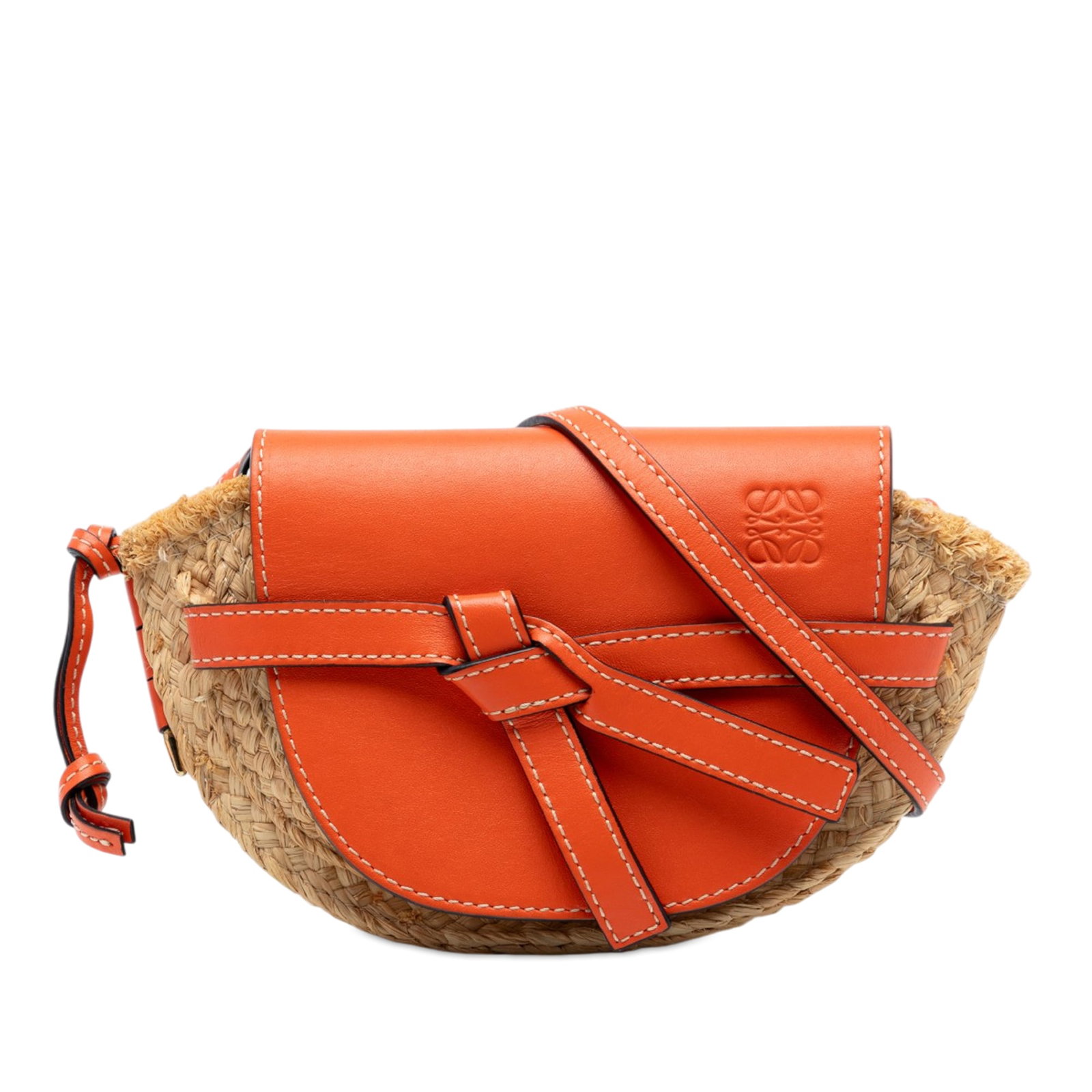 LOEWE Gate Mini Raffia Crossbody Bag: LOEWE Gate Mini Raffia Crossbody Bag This LOEWE Mini Raffia Gate Crossbody bag features a natural raffia body with leather trim and a flat leather shoulder strap. It is designed with a front flap secu