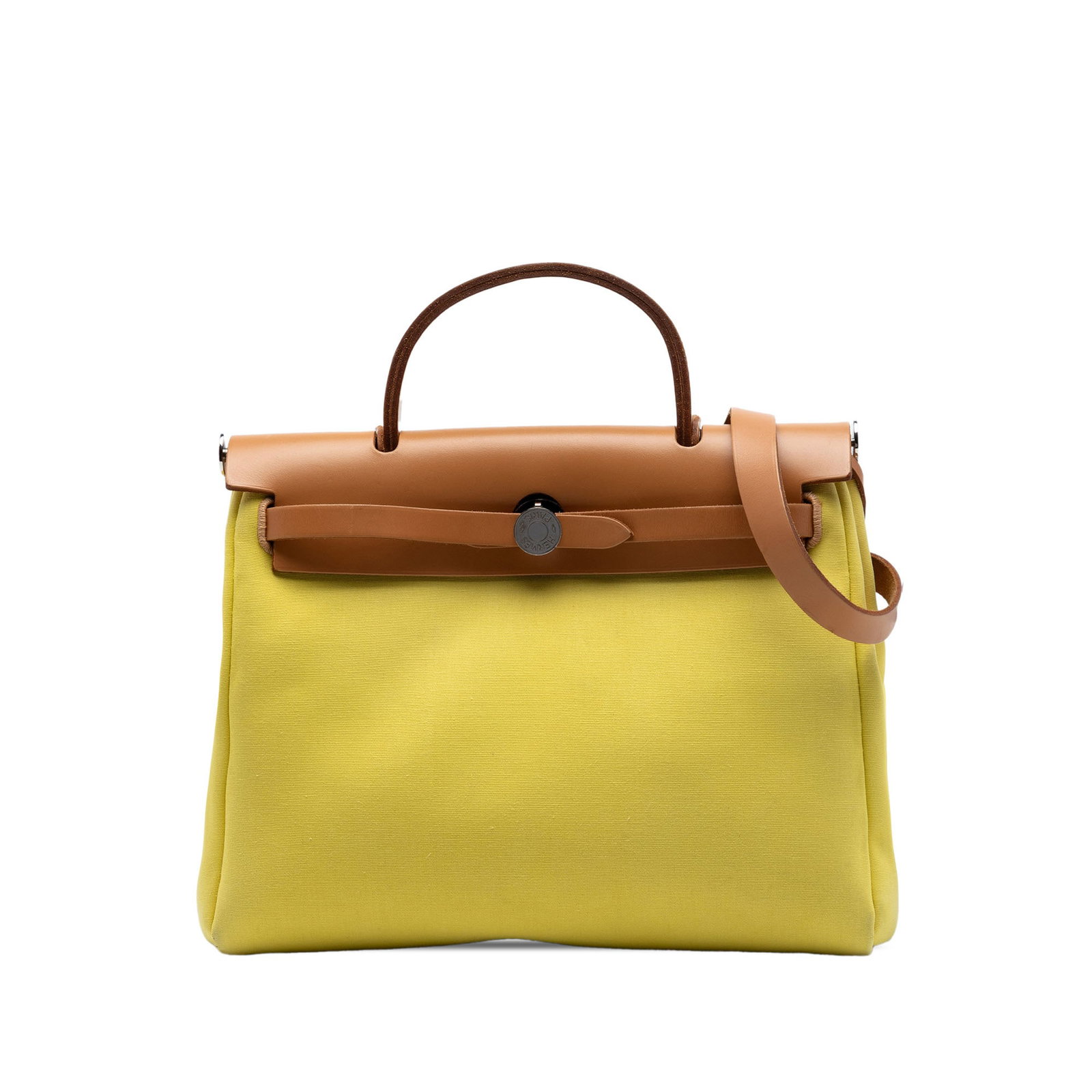 Hermes Herbag Zip 31 Yellow Fabric Shoulder Bag: Hermes Herbag Zip 31 Yellow Fabric Shoulder Bag The Hermes Herbag Zip 31 is a structured bag with a fabric body, leather top handle, and leather shoulder strap. It features a front leather flap with p