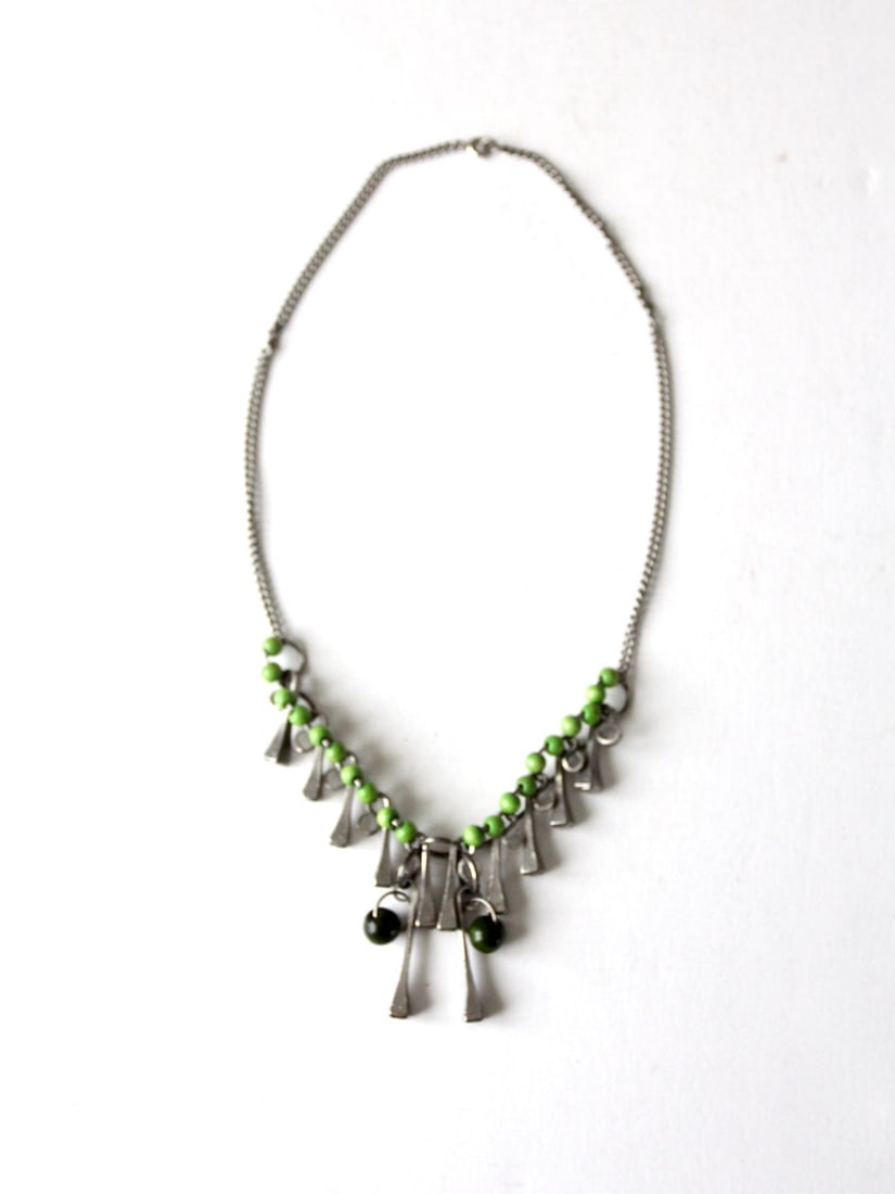 1960s Vintage Brutalist Square Head Nail Necklace with Green Beads (1 of 6)