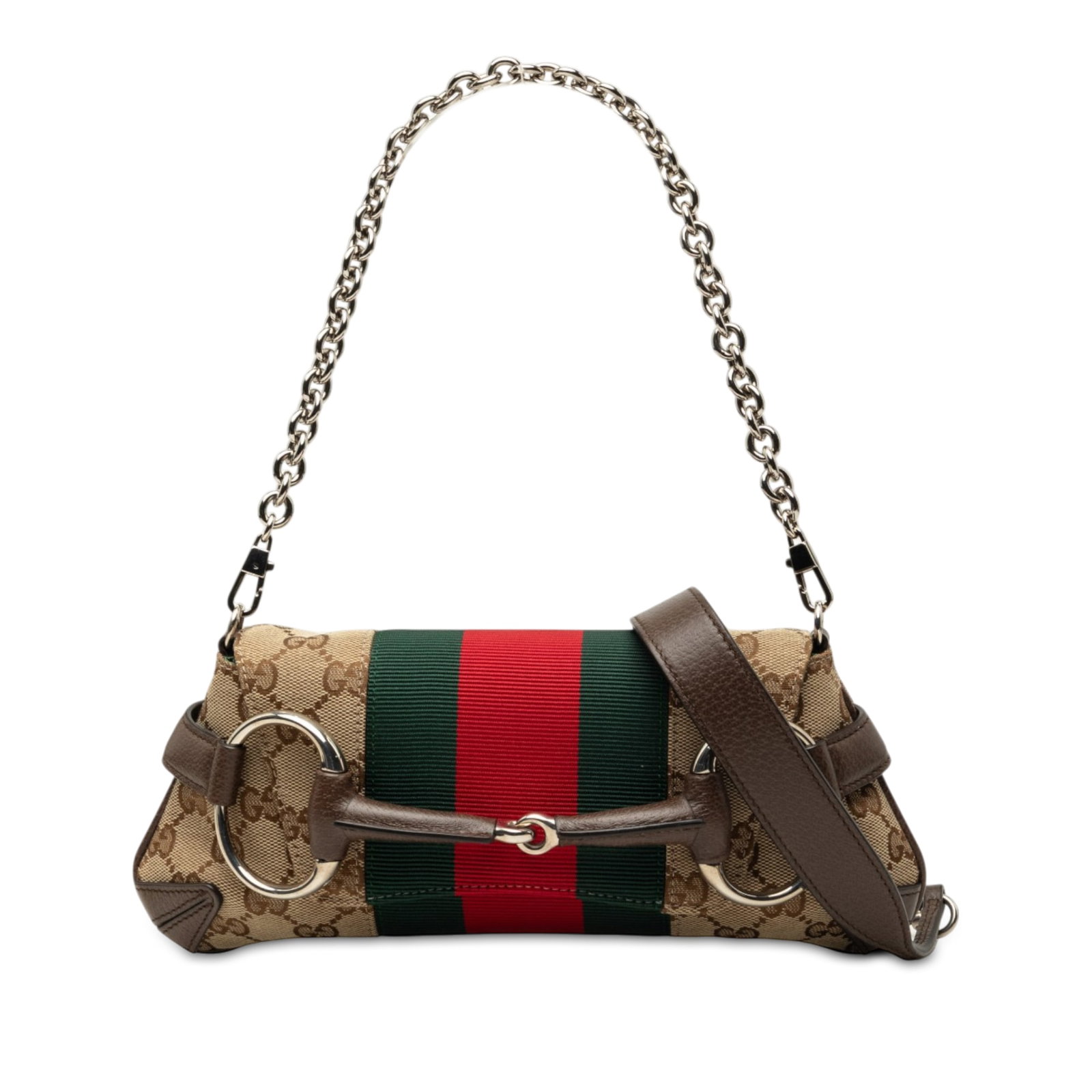 Gucci Horsebit Web Chain Satchel in GG Canvas Small: Gucci Horsebit Web Chain Satchel in GG Canvas Small A Gucci Small GG Canvas Horsebit Web Chain Satchel crafted in beige canvas with leather trim and signature web detail. This satchel includes both a 