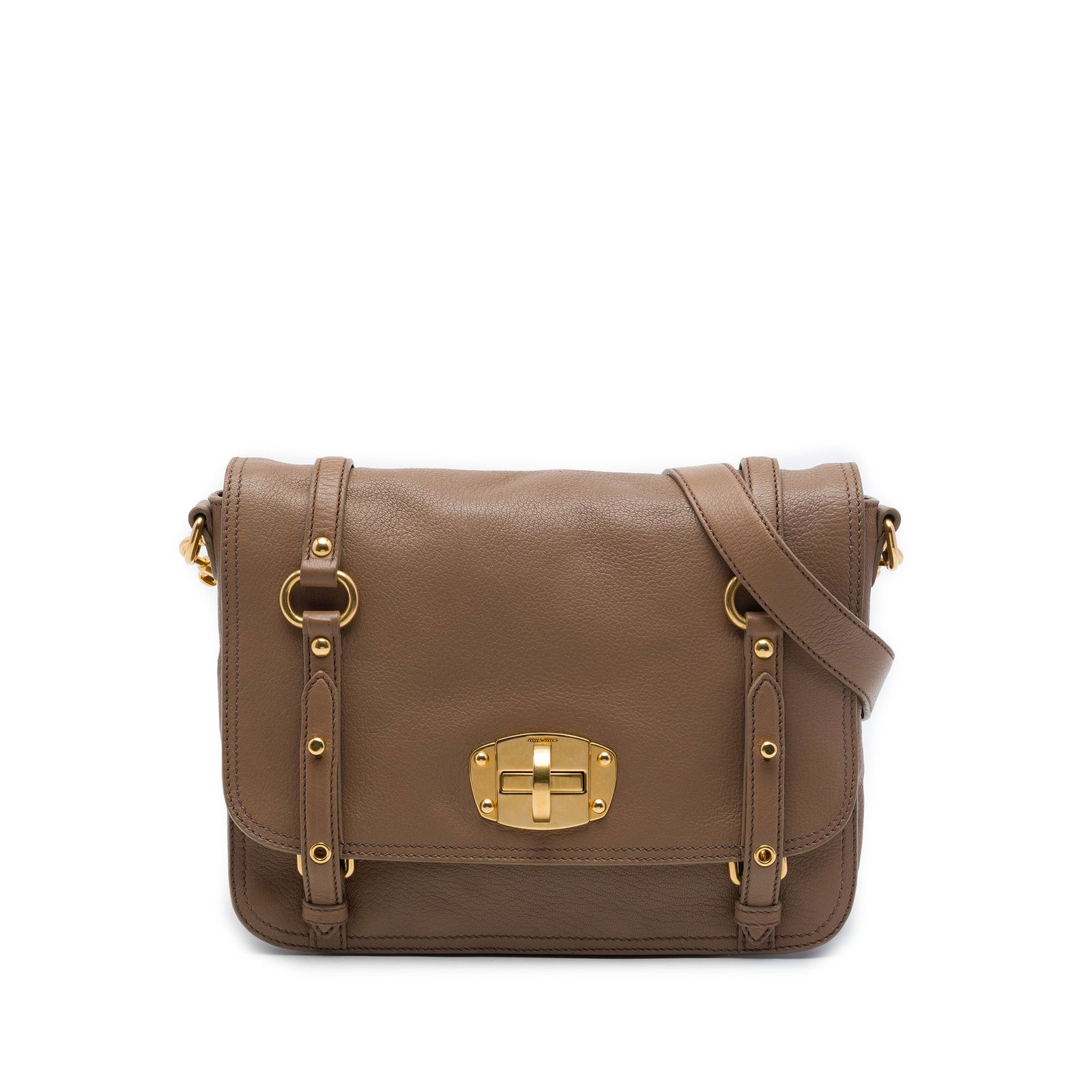Miu Miu Cervo Deerskin Pattina East West Leather Crossbody Bag: Miu Miu Cervo Deerskin Pattina East West Leather Crossbody Bag Miu Miu Cervo Deerskin East West Pattina Crossbody in brown leather with a front flap and turn lock closure. The bag features an adjustab