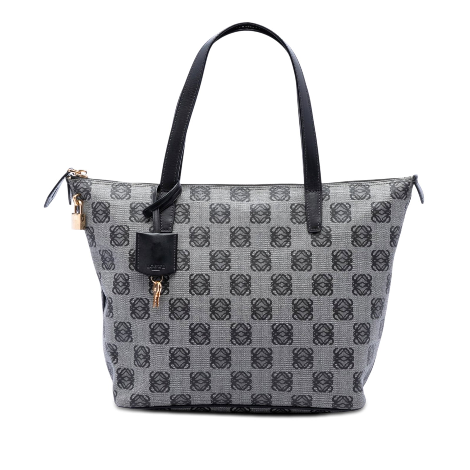 LOEWE Anagram Tote Gray Coated Canvas with Leather Trim: LOEWE Anagram Tote Gray Coated Canvas with Leather Trim LOEWE Anagram coated canvas tote with leather trim, flat leather handles, a top zip closure, and an interior zip pocket. Made in Spain, this gra