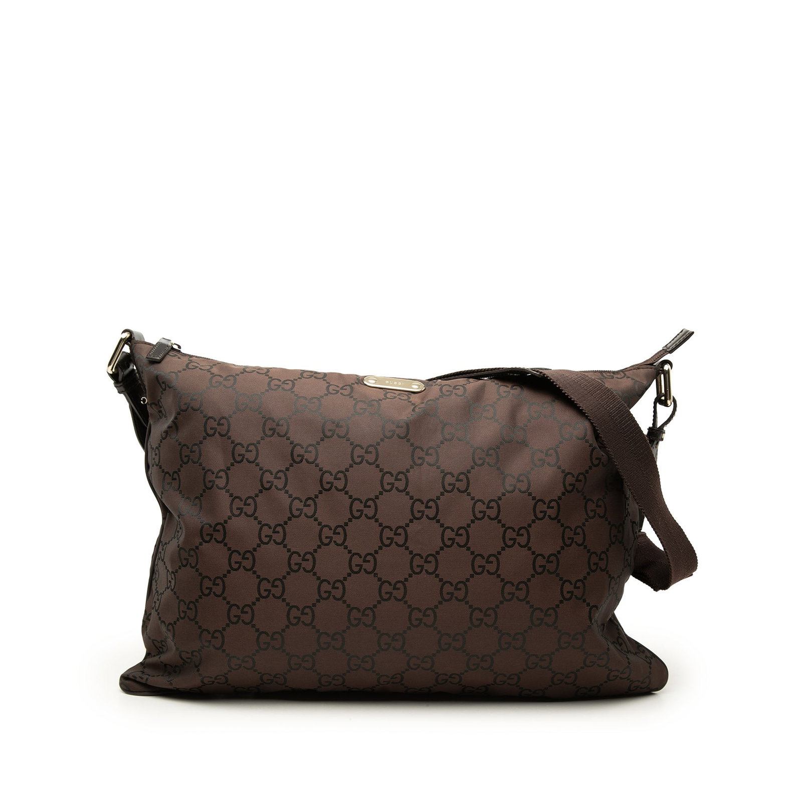 Gucci GG Nylon Crossbody Bag Brown Fabric Zip Top: Gucci GG Nylon Crossbody Bag Brown Fabric Zip Top Gucci GG Nylon Crossbody bag in brown fabric with a flat strap, top zip closure, and an interior zip pocket. Made in Italy. Condition AB with visible 