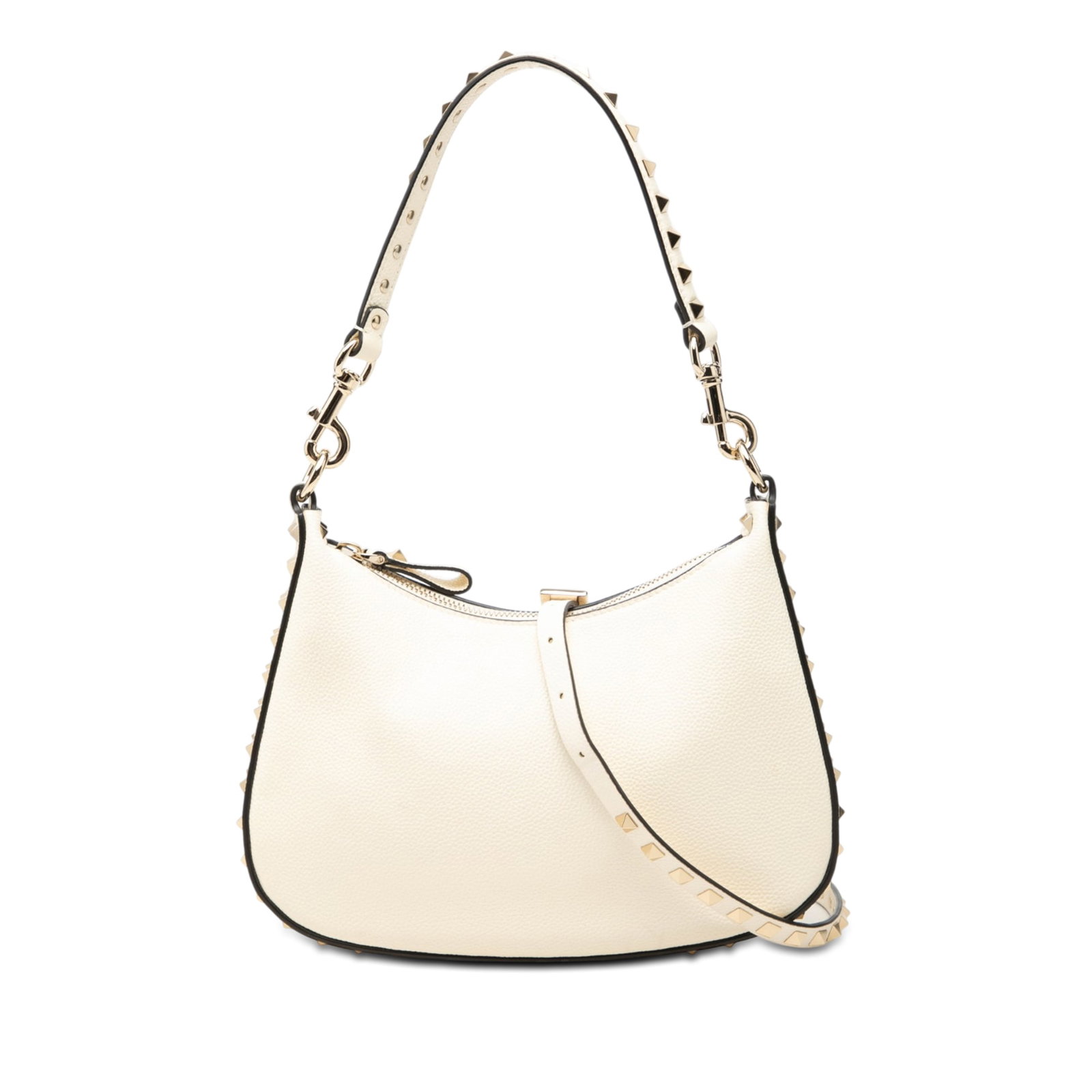 Valentino Rockstud Hobo Small Grainy Calfskin Leather Bag: Valentino Rockstud Hobo Small Grainy Calfskin Leather Bag Valentino Small Grainy Calfskin Rockstud Hobo in white leather with silver-tone rockstud embellishments. This hobo bag features detachable fla