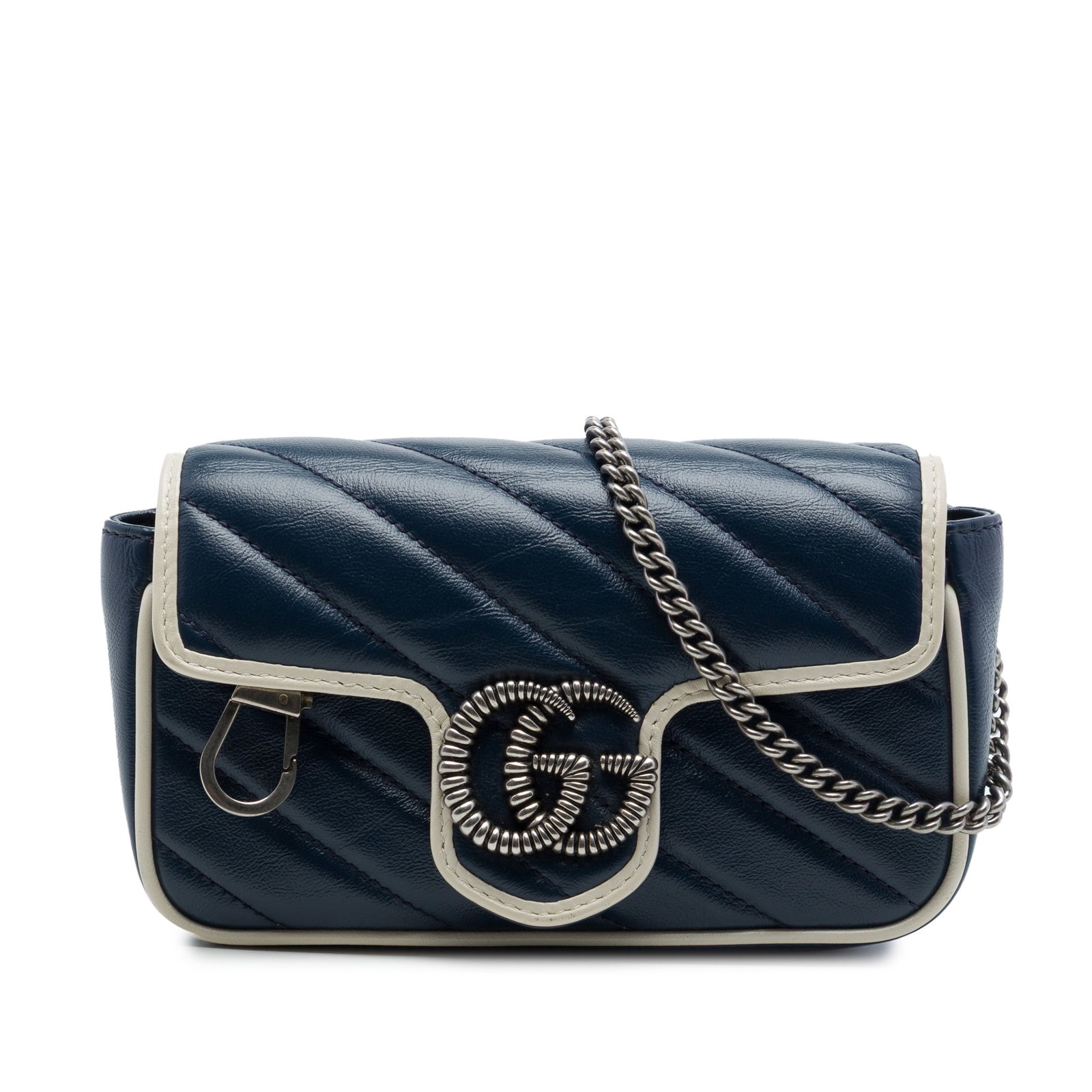 Gucci GG Marmont Super Mini Leather Flap Crossbody Bag Blue: Gucci GG Marmont Super Mini Leather Flap Crossbody Bag Blue Gucci Super Mini GG Marmont Matelasse Leather Torchon flap crossbody bag in blue calf leather. This compact crossbody features a chain link 