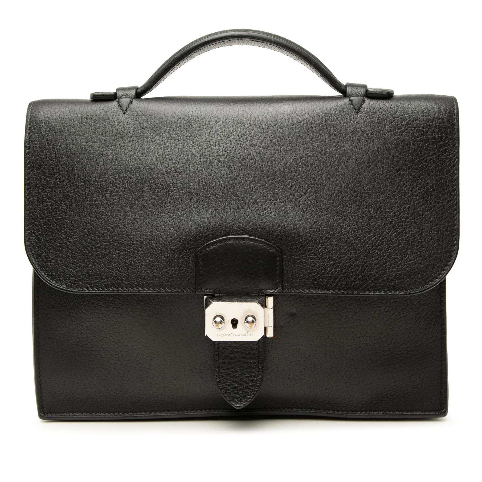 Hermes Sac a Depeches 27 Clemence Leather Bag Noir: Hermes Sac a Depeches 27 Clemence Leather Bag Noir This Hermes Sac a Depeches 27 is crafted in Noir Clemence leather with a structured silhouette, a flat top handle, and a front flap with metal lock c