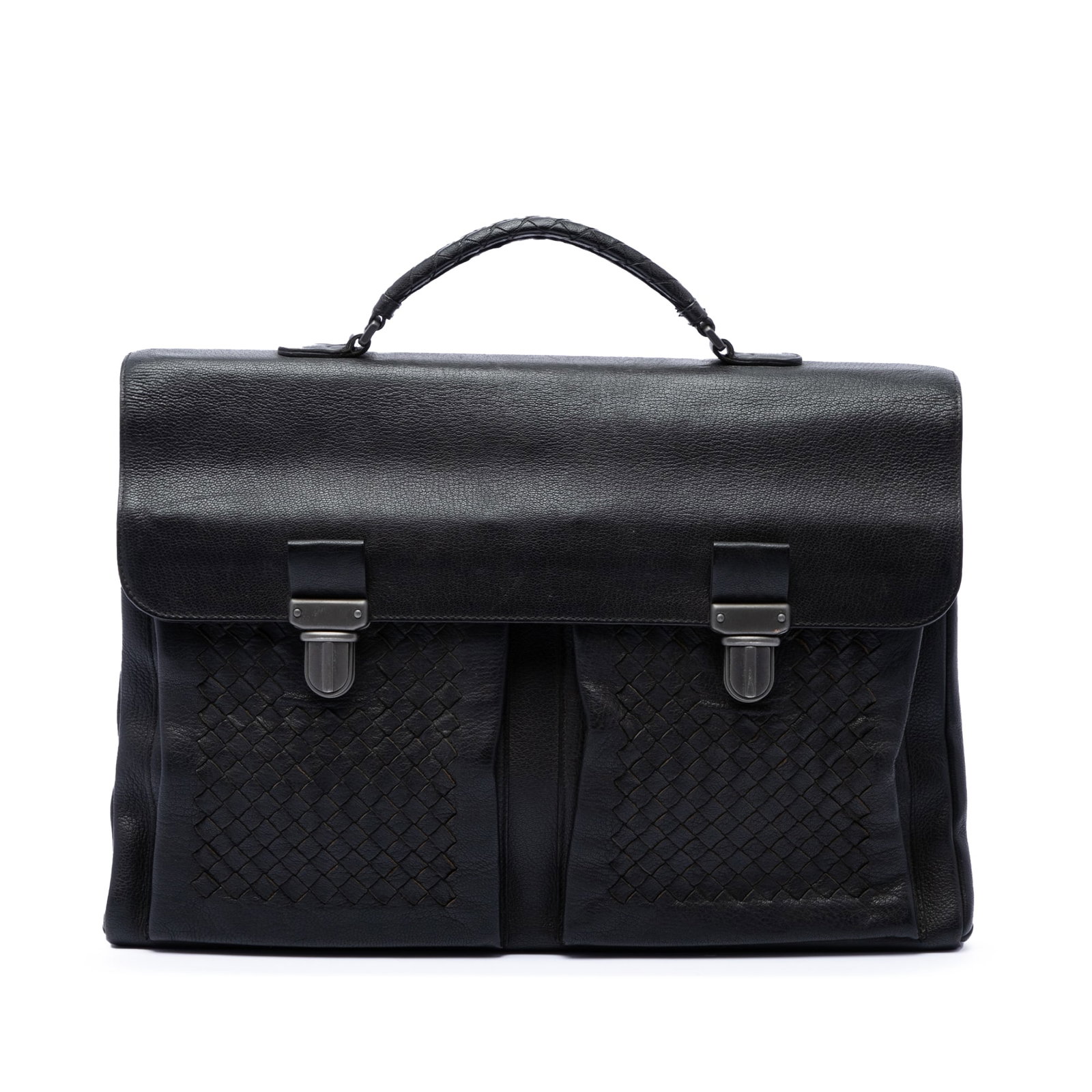 Bottega Veneta Intrecciato Nappa Leather Business Bag Black: Bottega Veneta Intrecciato Nappa Leather Business Bag Black Bottega Veneta business bag crafted in black leather with Intrecciato woven leather trim. The design features a flat woven leather top handl