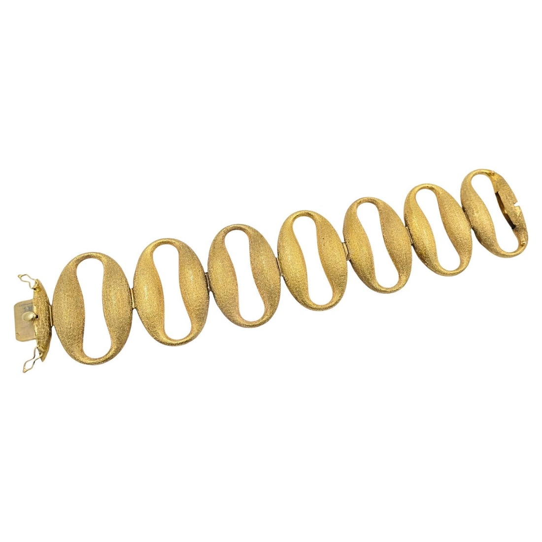 14k Gold Open Oval Link Bracelet Mid Century Modernist: 14k Gold Open Oval Link Bracelet Mid Century Modernist Vintage 14k gold modernist open oval link bracelet crafted in oversized open oval links with a brushed texture and high-polish interiors. The scu