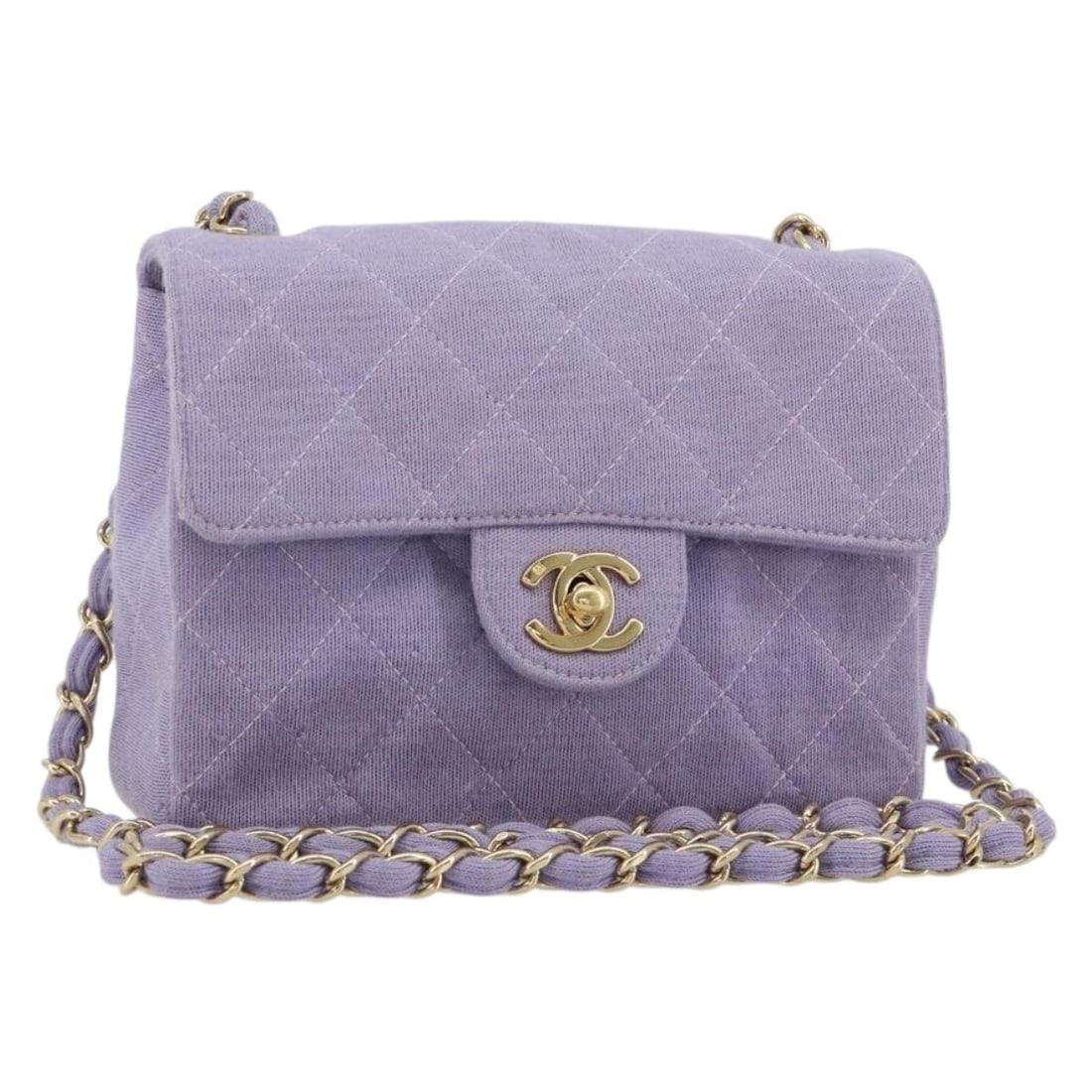 CHANEL Mini Matelasse 17 Cotton Shoulder Bag Lavende Gold CC: CHANEL Mini Matelasse 17 Cotton Shoulder Bag Lavende Gold CC Authentic CHANEL Mini Matelasse 17 chain shoulder bag in lavende cotton with gold-tone CC detailing. This women's shoulder bag is made in F
