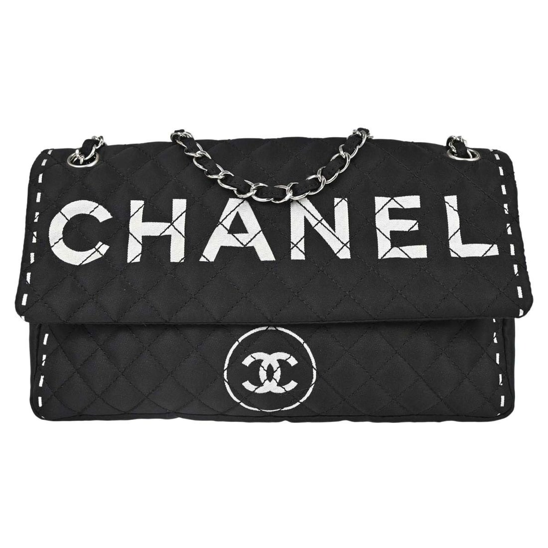 CHANEL Logomania black satin shoulder flap bag: CHANEL Logomania black satin shoulder flap bag Chanel black satin Logomania flap shoulder bag with a zip closure and shoulder strap. This medium bag is made in France and includes a serial sticker, du