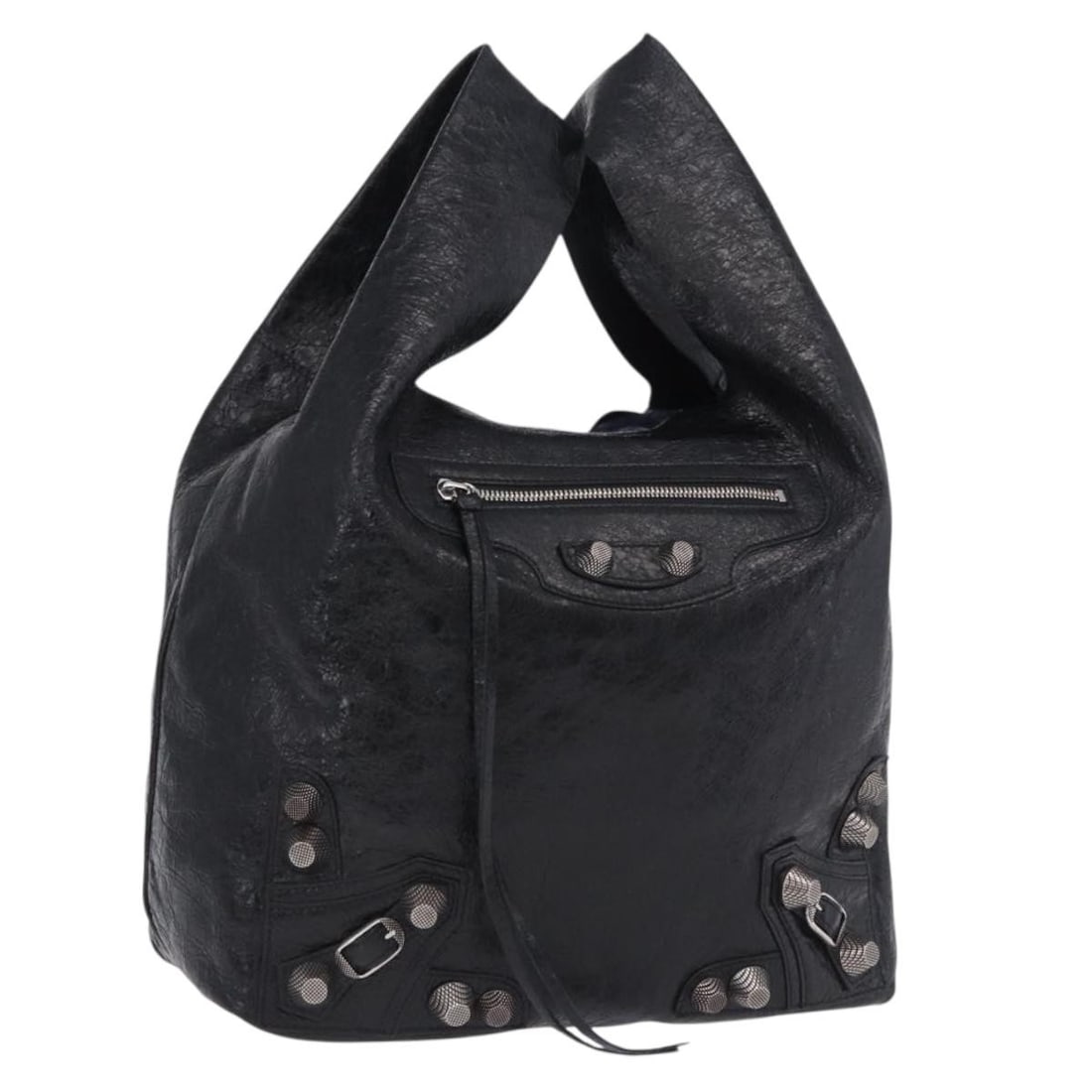 BALENCIAGA 780976 Lucagol Leather Shopper Handbag Black Silver: BALENCIAGA 780976 Lucagol Leather Shopper Handbag Black Silver Balenciaga Lucagol shopper handbag in black leather with silver-tone accents. Made in Italy, this women's handbag includes a dust bag. Co