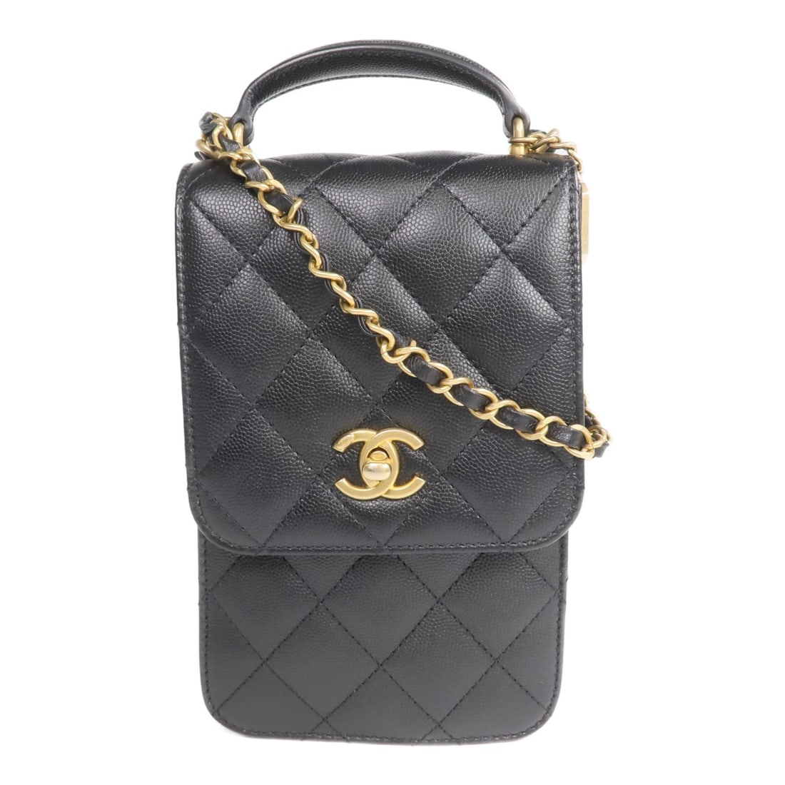 Chanel Phone Holder Shoulder Bag 2 Way Black Calfskin CC GHW: Chanel Phone Holder Shoulder Bag 2 Way Black Calfskin CC GHW A black CHANEL CC phone holder 2-way shoulder bag crafted in calfskin leather. It features a turn-lock closure, one open inside pocket, and