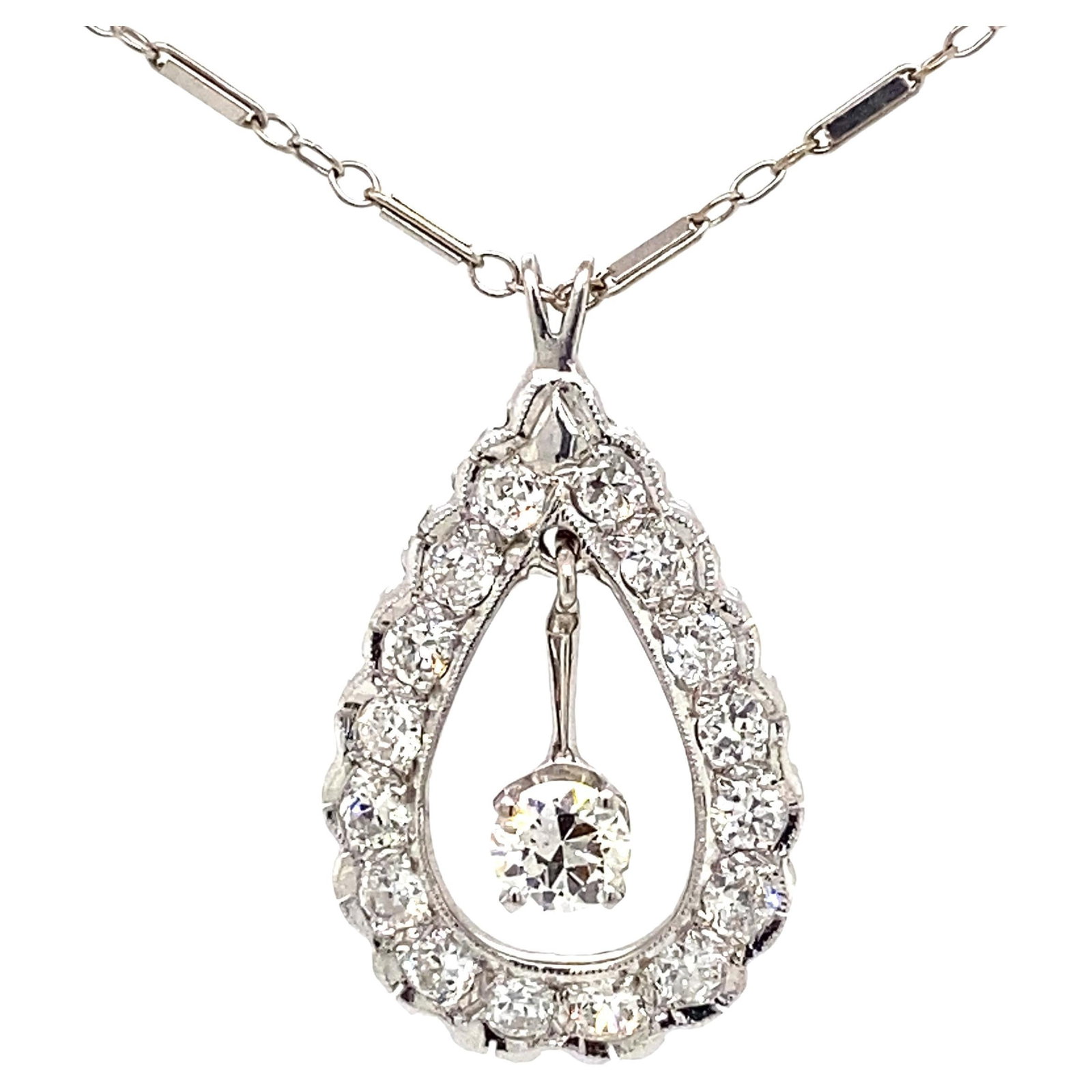 14k White Gold Diamond Pendant Necklace 1.5 ct Art Deco Style: 14k White Gold Diamond Pendant Necklace 1.5 ct Art Deco Style Art Deco style diamond pendant necklace in 14k white gold, featuring round cut diamonds in a pendant design with a dangling diamond. The n
