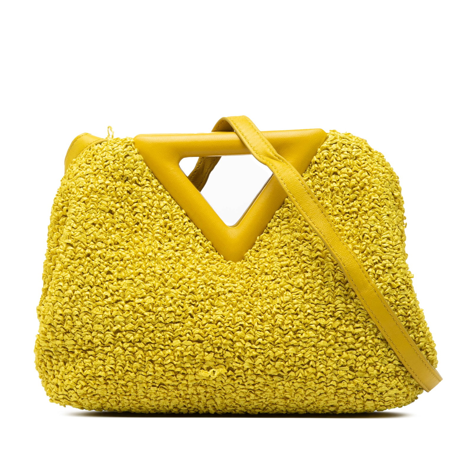 Bottega Veneta The Point Triangle Small Raffia Satchel Yellow: Bottega Veneta The Point Triangle Small Raffia Satchel Yellow A Bottega Veneta Small Boucle Curly Raffia The Point Triangle Satchel in yellow, crafted in Italy. This bag features a raffia body, a tria