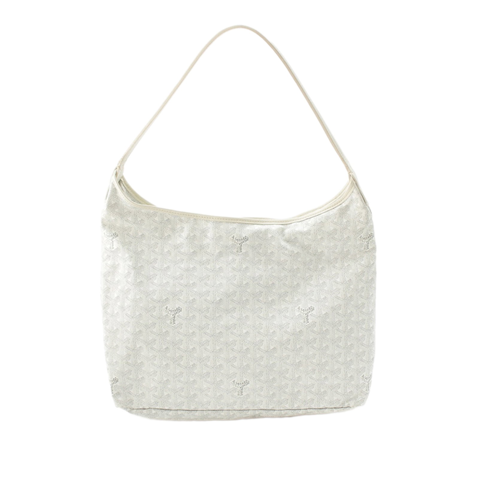 Goyard Goyardine Boheme Hobo Shoulder Bag White Coated Canvas: Goyard Goyardine Boheme Hobo Shoulder Bag White Coated Canvas A Goyardine Boheme Hobo shoulder bag in white with a coated canvas body, leather trim, a flat leather strap, top zip closure, and flap pou