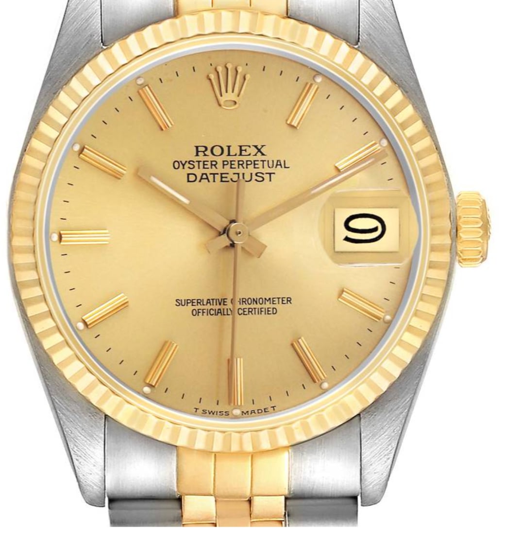 Rolex Datejust 16013 Mens Watch Champagne Dial Jubilee Bracelet: Rolex Datejust 16013 Mens Watch Champagne Dial Jubilee Bracelet Rolex Datejust wristwatch featuring a champagne stick dial, fluted bezel, and D-Link Jubilee bracelet. This men's watch is identified by
