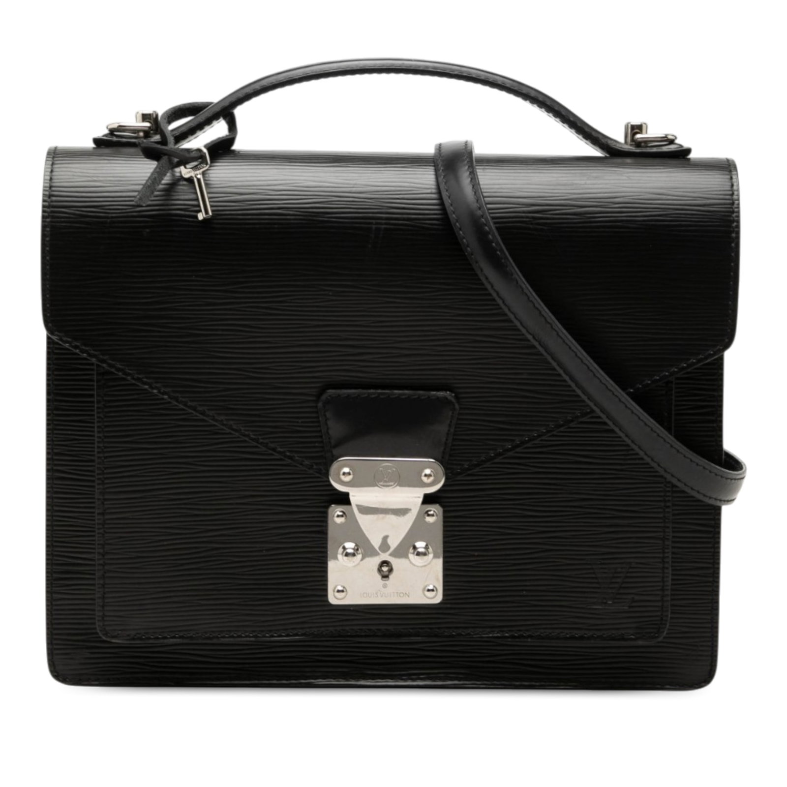 Louis Vuitton Monceau 28 Epi Leather Shoulder Bag Black: Louis Vuitton Monceau 28 Epi Leather Shoulder Bag Black Louis Vuitton Epi Monceau 28 handbag crafted in black Epi leather. This structured bag features a flat top handle, a detachable flat shoulder st
