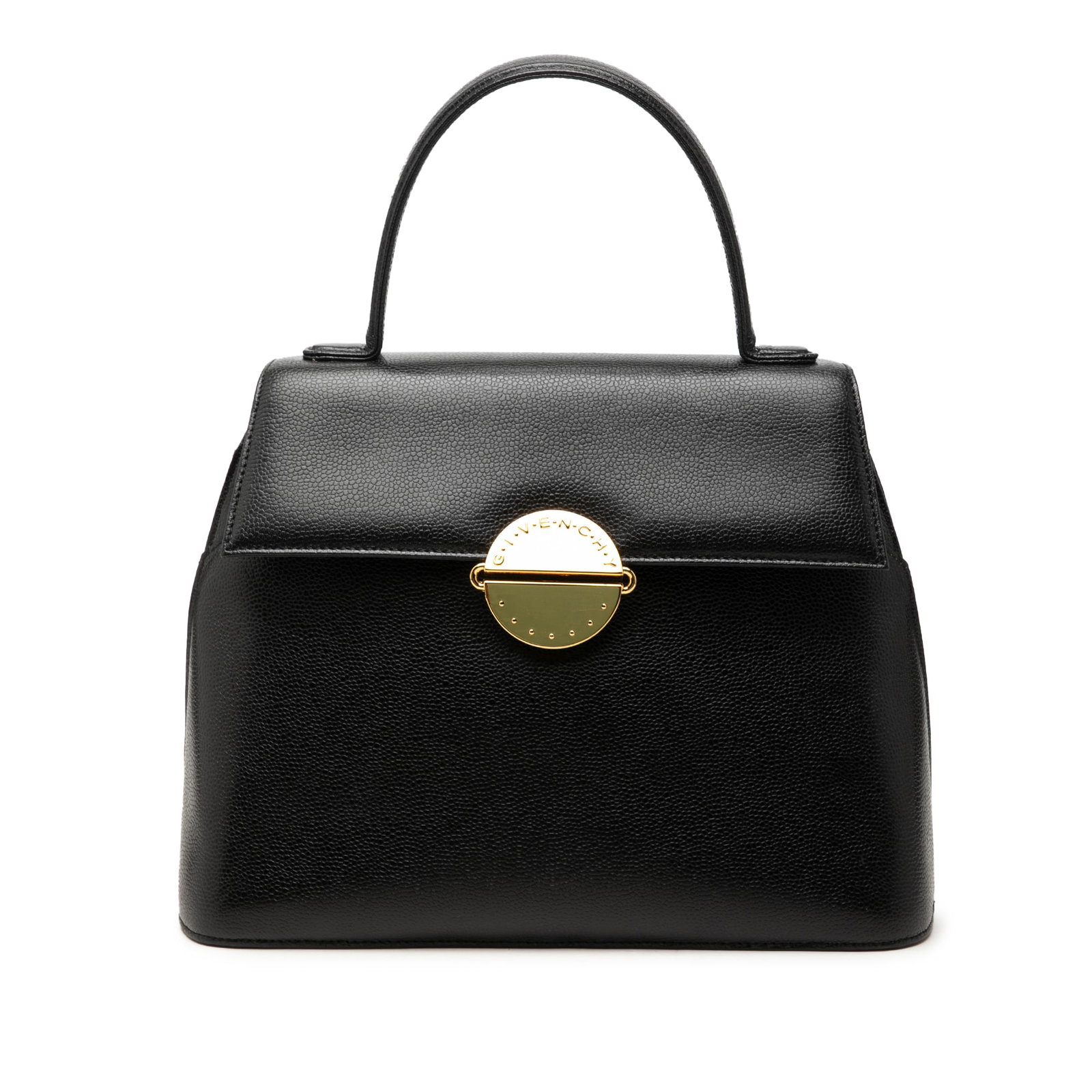 Givenchy black leather handbag with top handle: Givenchy black leather handbag with top handle Givenchy leather top handle bag in black with a structured design that includes a flat leather top handle, front flap with snap button closure, exterior 