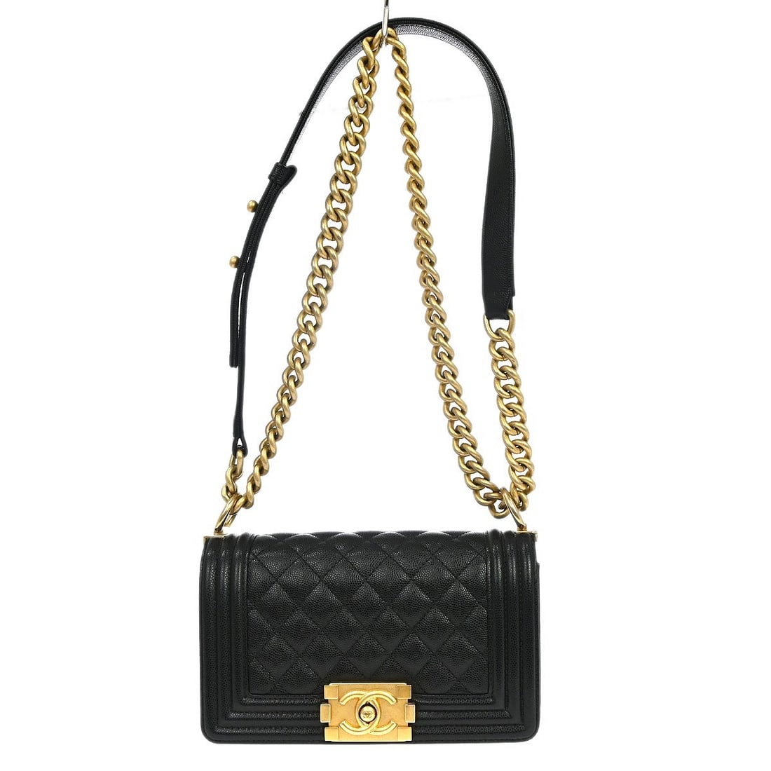 CHANEL Boy Chanel Mini Black Caviar Leather Shoulder Bag: CHANEL Boy Chanel Mini Black Caviar Leather Shoulder Bag Boy Chanel small chain shoulder bag in black calfskin with a clasp flap closure and chain shoulder strap. The interior is lined in fabric and i