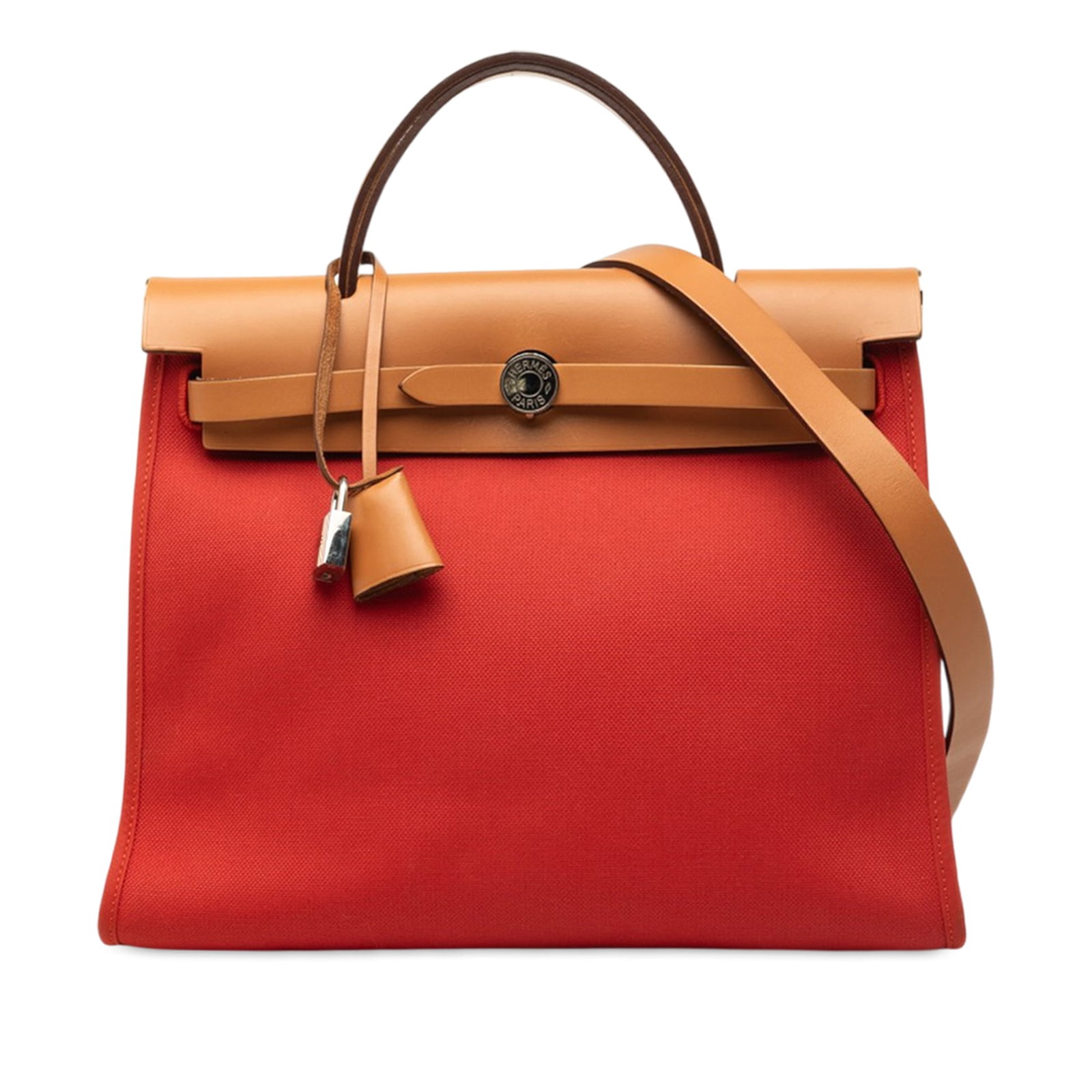 Hermes Herbag Zip 31 Toile Shoulder Bag Orange: Hermes Herbag Zip 31 Toile Shoulder Bag Orange The Hermes Herbag Zip 31 is a structured bag with a canvas body and leather trim. It features a flat leather top handle, a flat leather shoulder strap, a