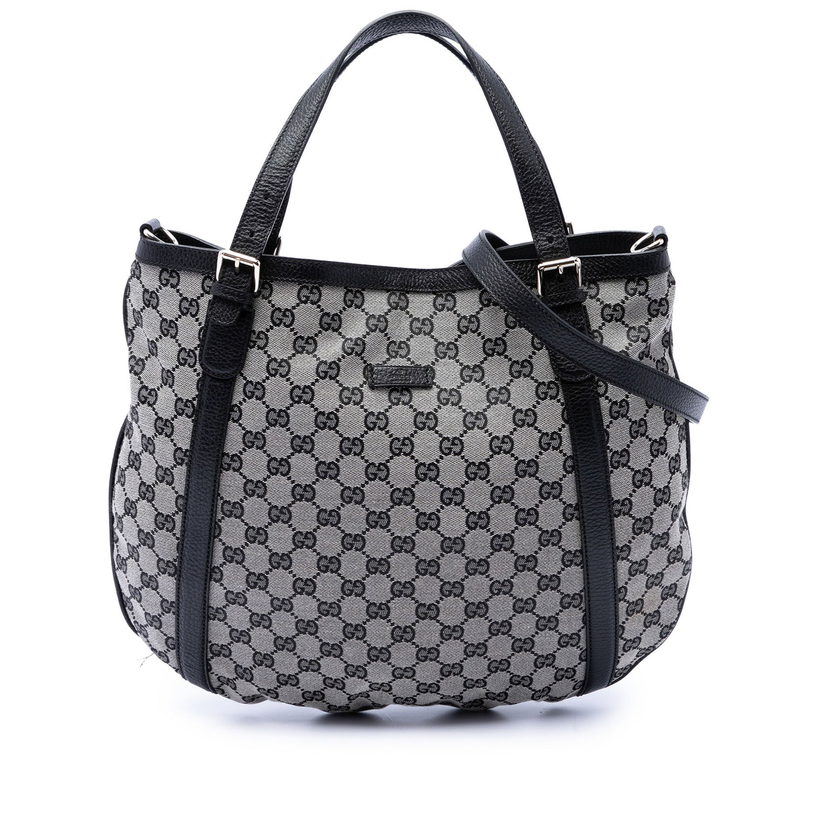 Gucci GG Canvas Gray Satchel with Leather Trim and Strap: Gucci GG Canvas Gray Satchel with Leather Trim and Strap Gucci GG Canvas satchel with leather trim, flat leather handles, and a detachable flat leather strap. The bag features an open top with magneti